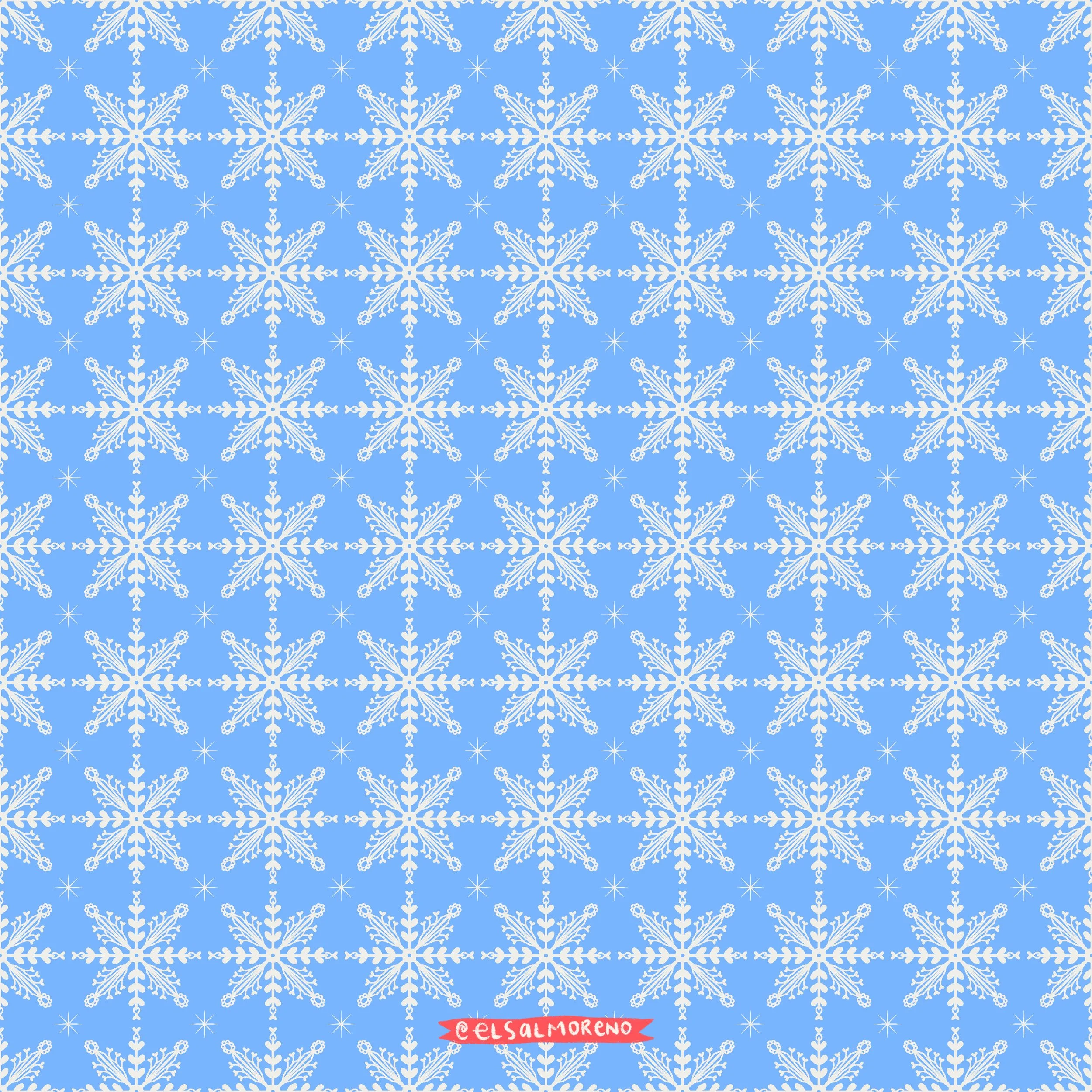 Repeating pattern of white snowflakes and stars over a light blue background with Elsa L. Moreno's signature in the bottom center of the pattern.