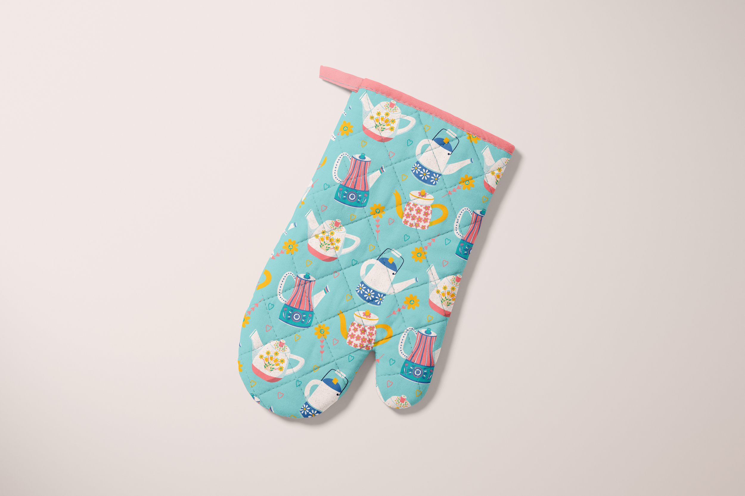 Oven Mitt with Teapots Repeating Pattern