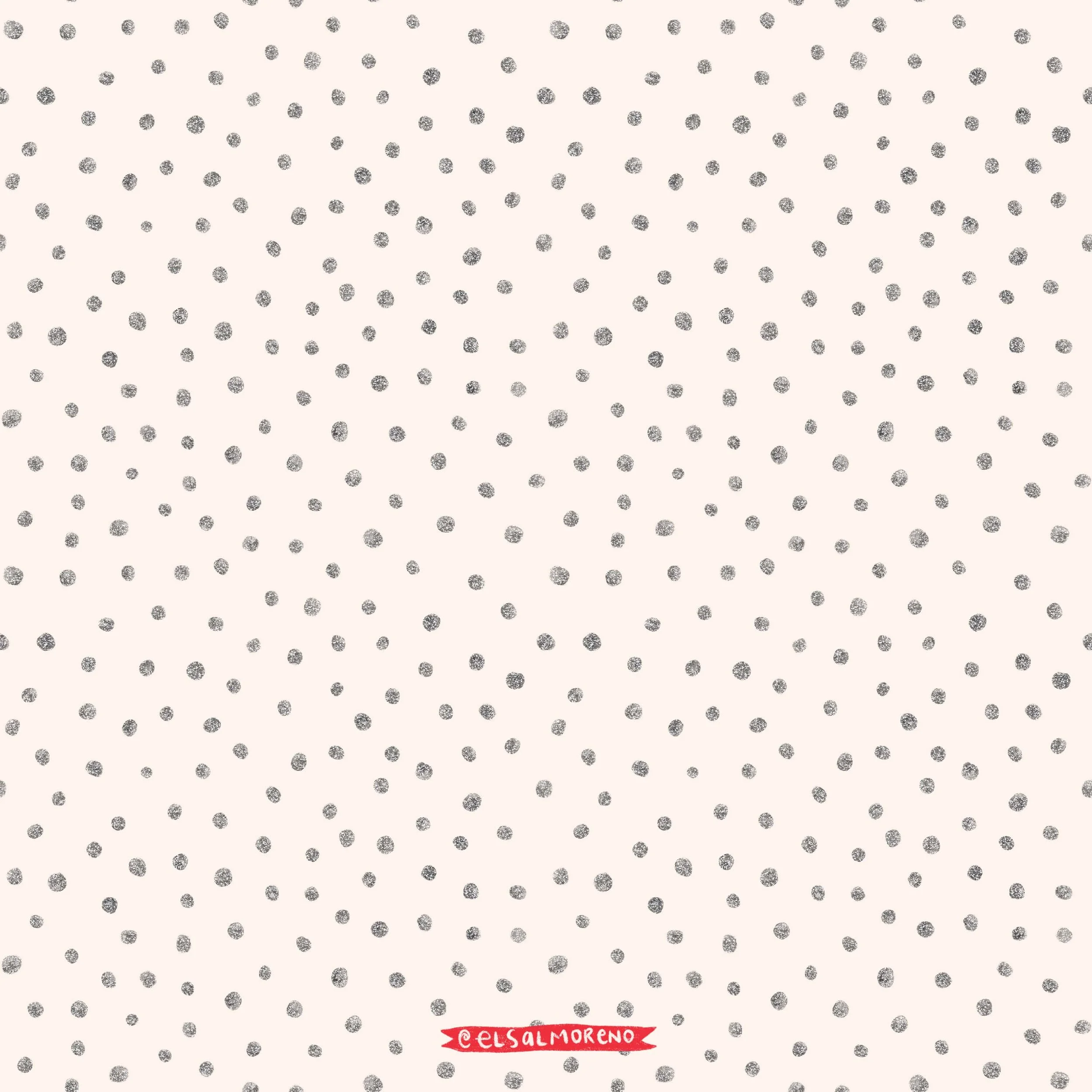 Repeating pattern of glittery silver dots over an ecru background with the signature @elsalmoreno in the bottom center of the illustration