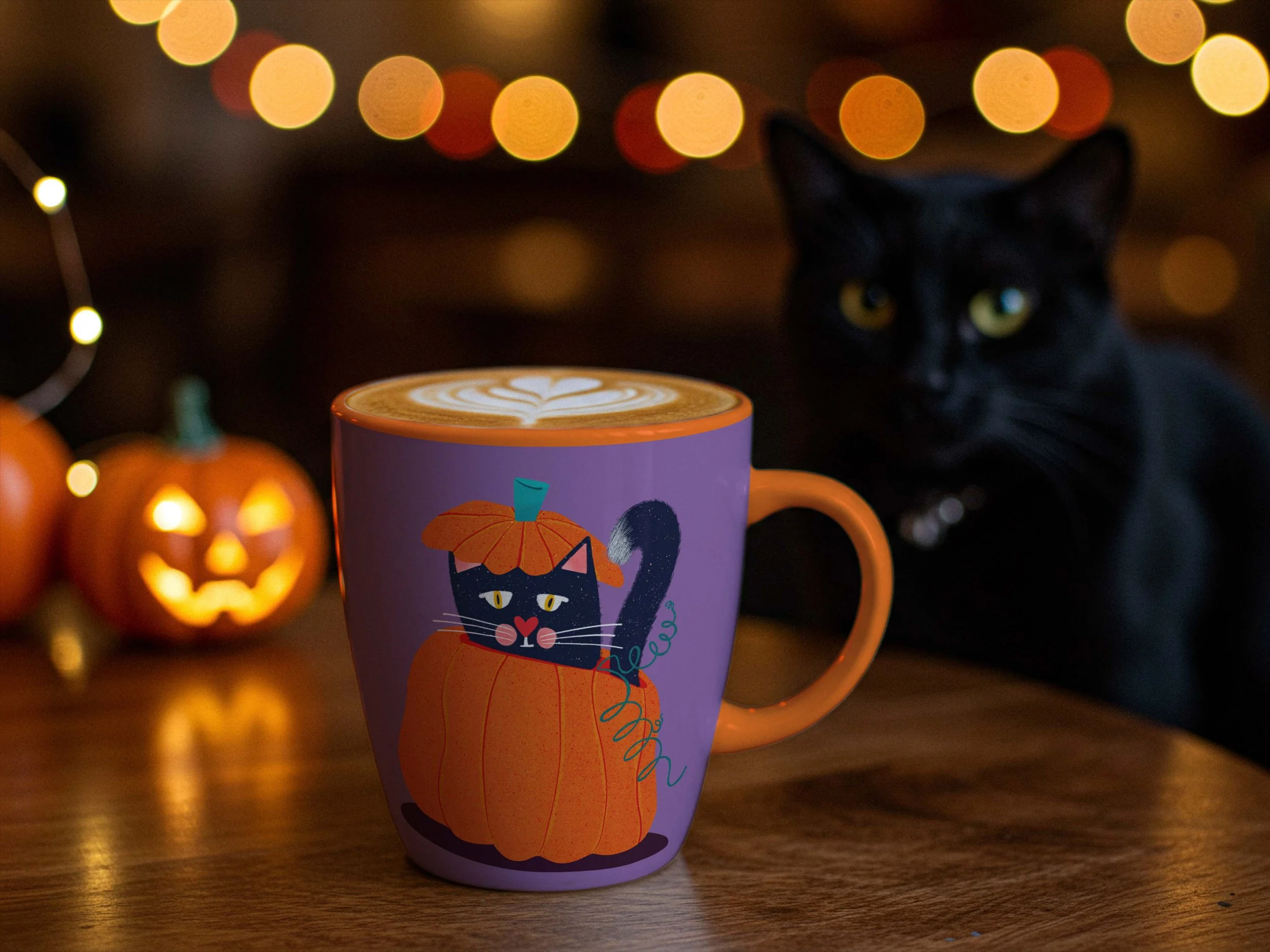 A purple Halloween mug featuring an illustration of a cute black cat inside a pumpkin. The mug is set on top of a table and is surrounded by a Halloween scene with a black cat looking at the mug, and a lit jack-o-lantern.