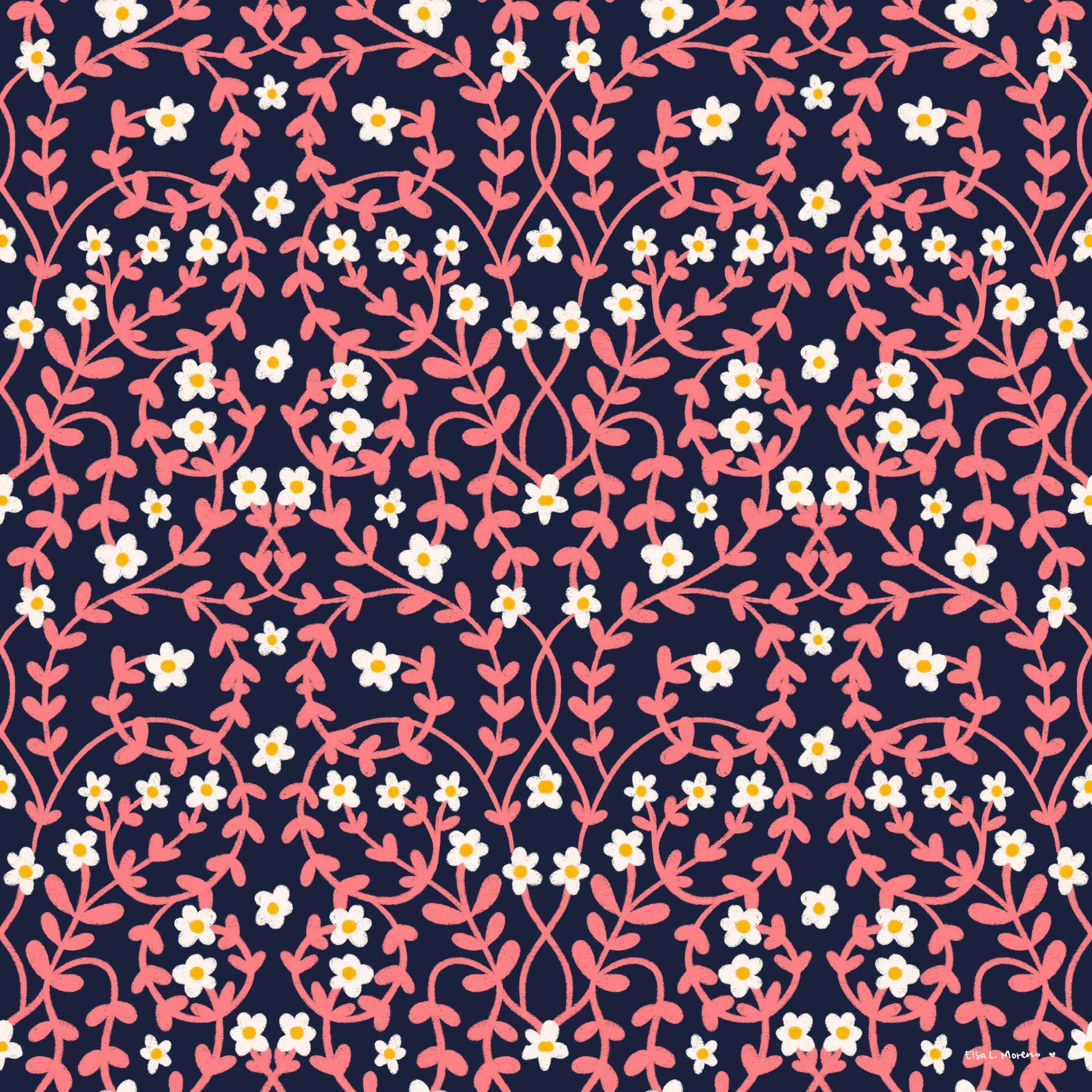 A floral repeating pattern with coral vines and white flowers over a navy blue background