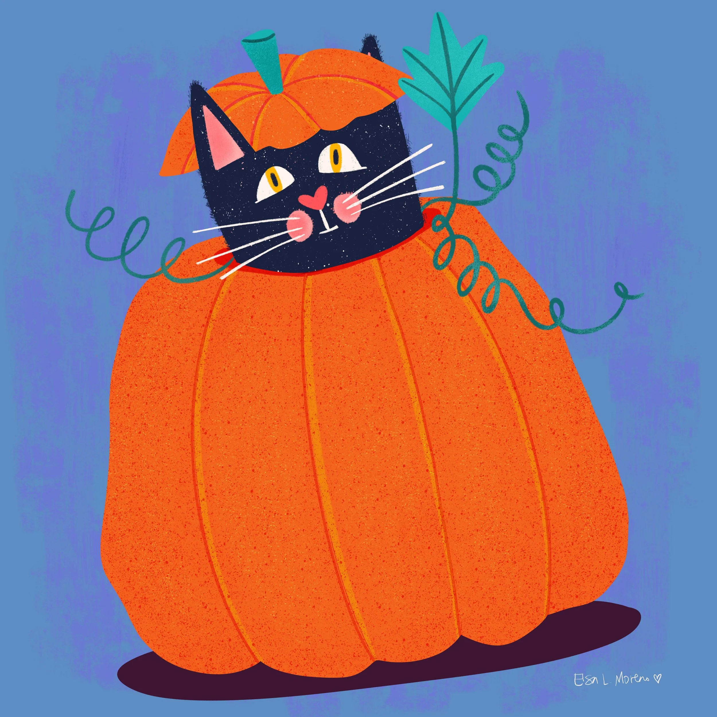 Illustration of a stylized black cat inside a pumpkin over a blue background. The signature Elsa L. Moreno appears in the bottom right of the image.