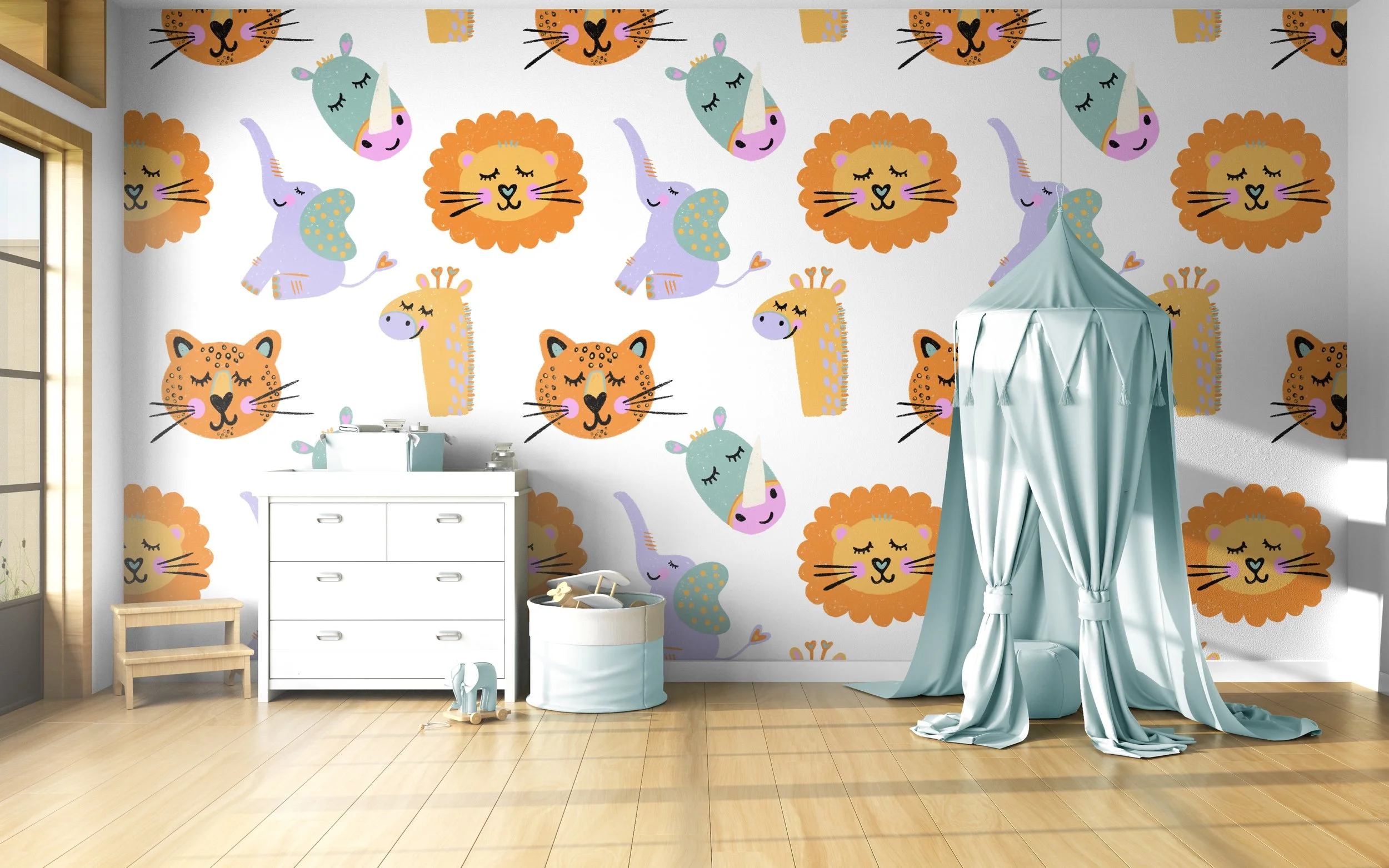 Image shows a kids room with wallpaper of cute illustrations of a lion, hippo, leopard, giraffe and elephant