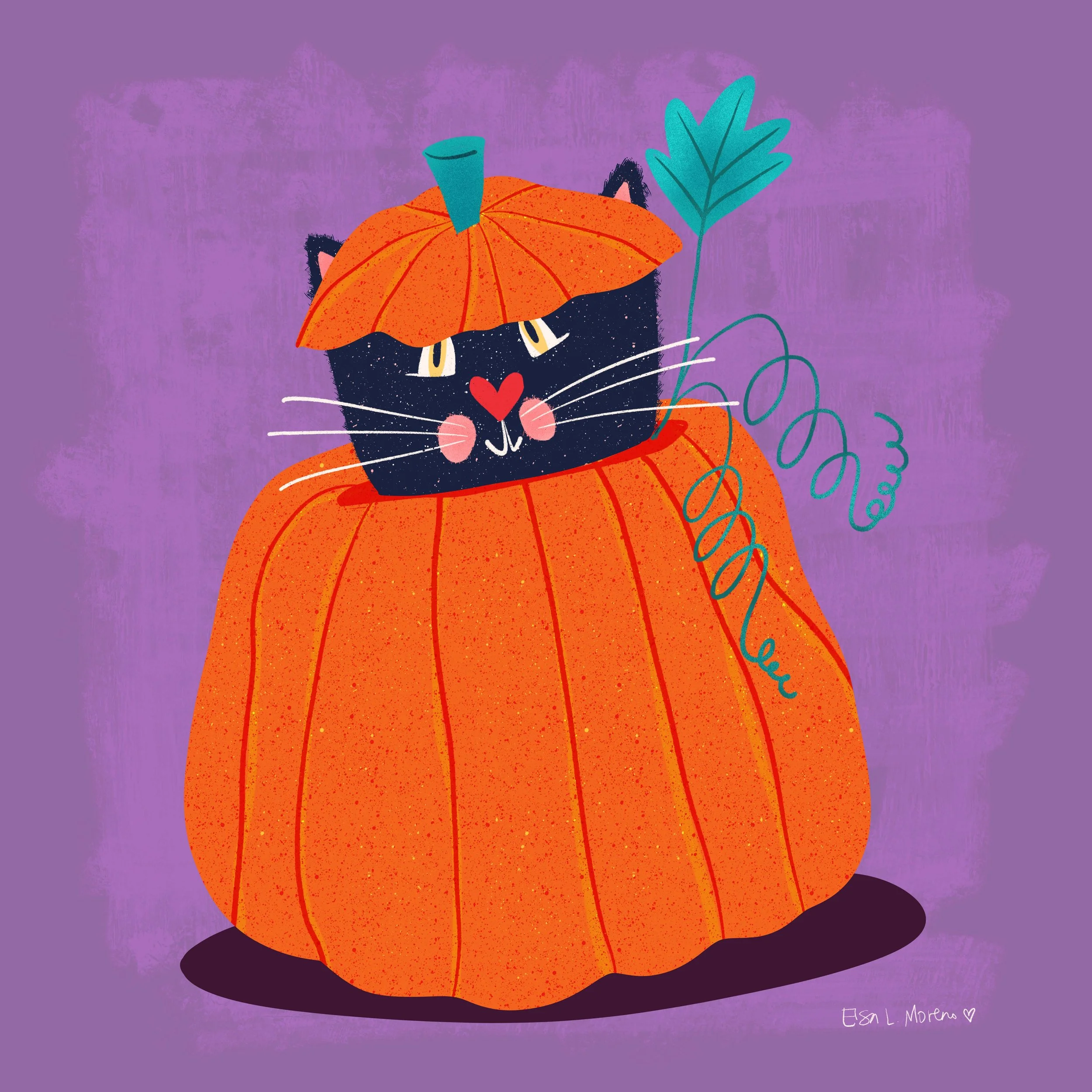 Illustration of a stylized black cat inside a pumpkin over a purple background. The signature Elsa L. Moreno appears in the bottom right of the image.