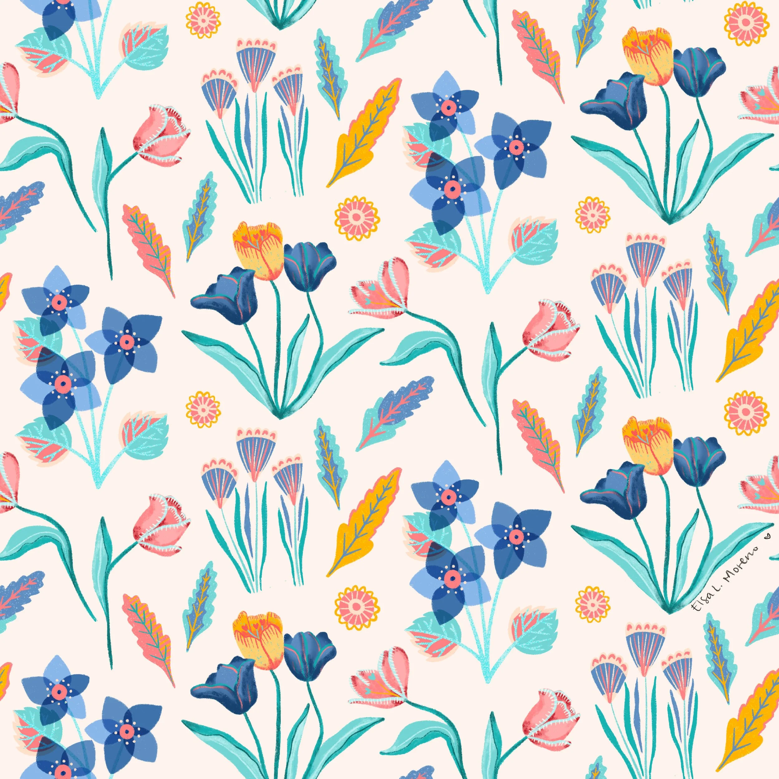 Repeating floral pattern in pastel tones over an ecru background.
