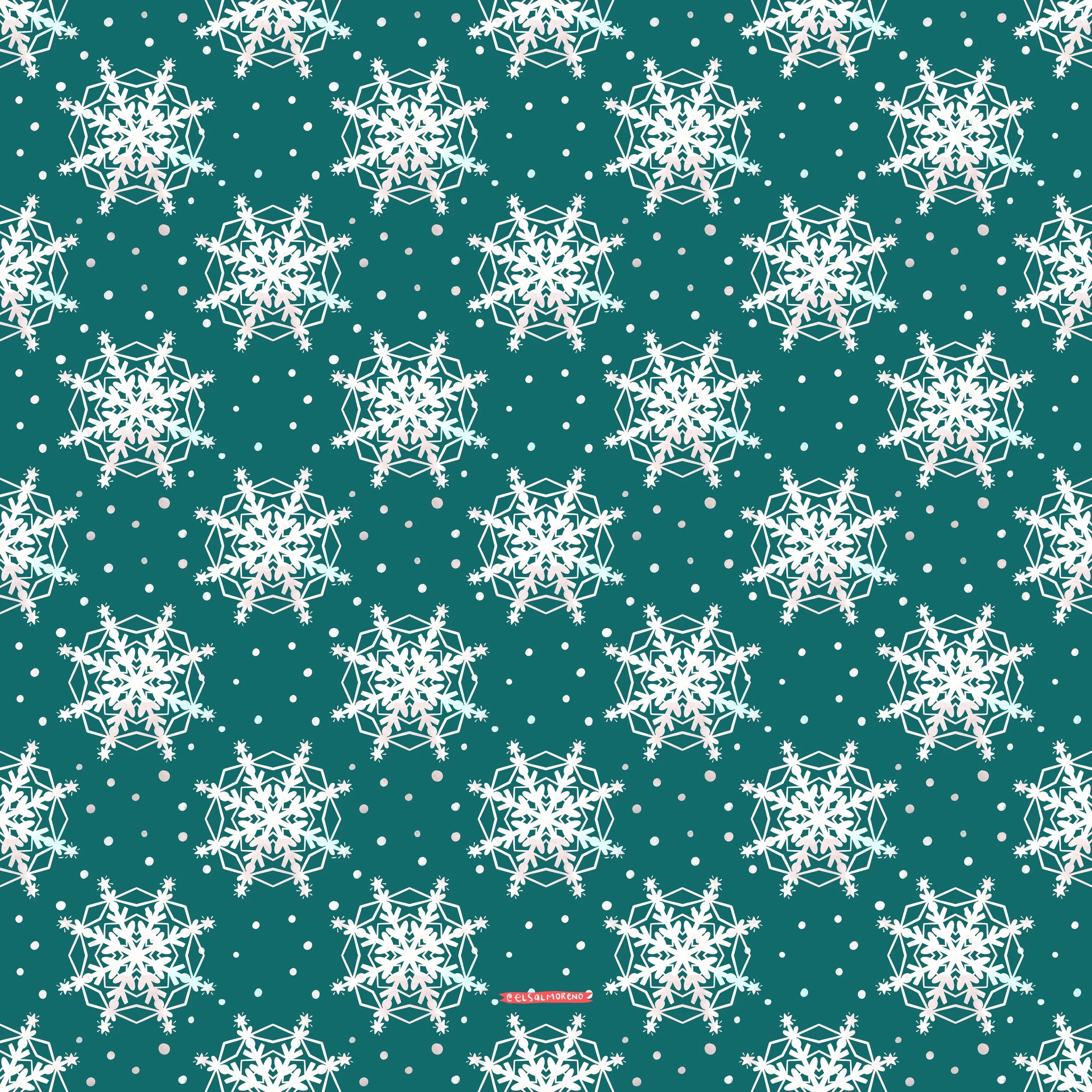 A repeating pattern of white snowflakes surrounded by white dots over a green background