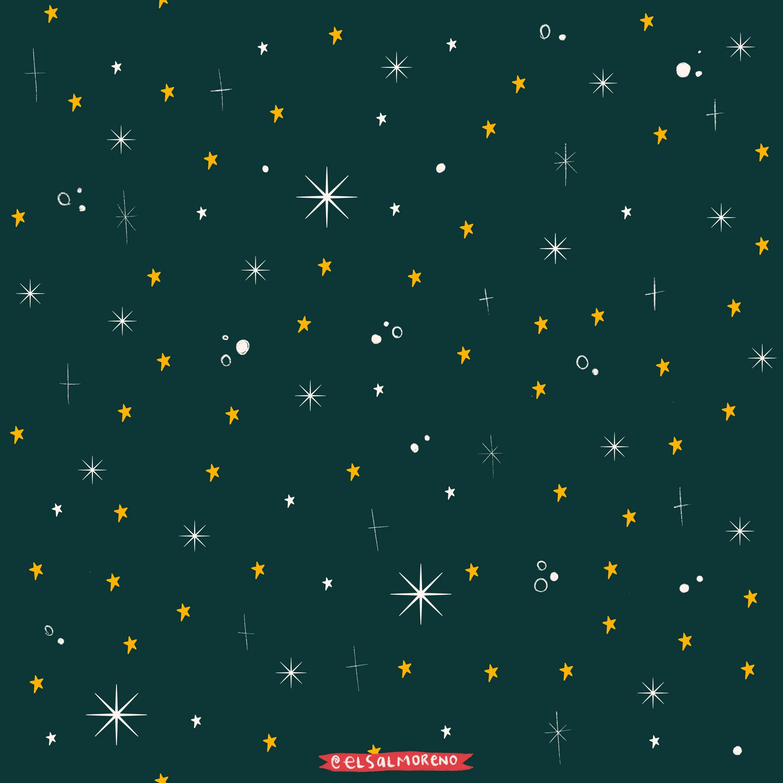 A repeating pattern of glowy yellow and white stars over a dark green background with the signature @elsalmoreno