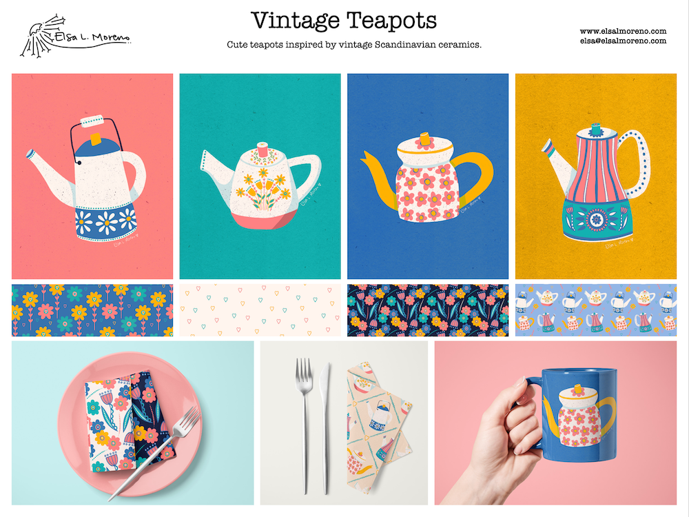 Image shows a full print and pattern design collection depicting colorful Vintage Teapots and repeating patterns, as well as the images applied in napkins and a coffee mug.