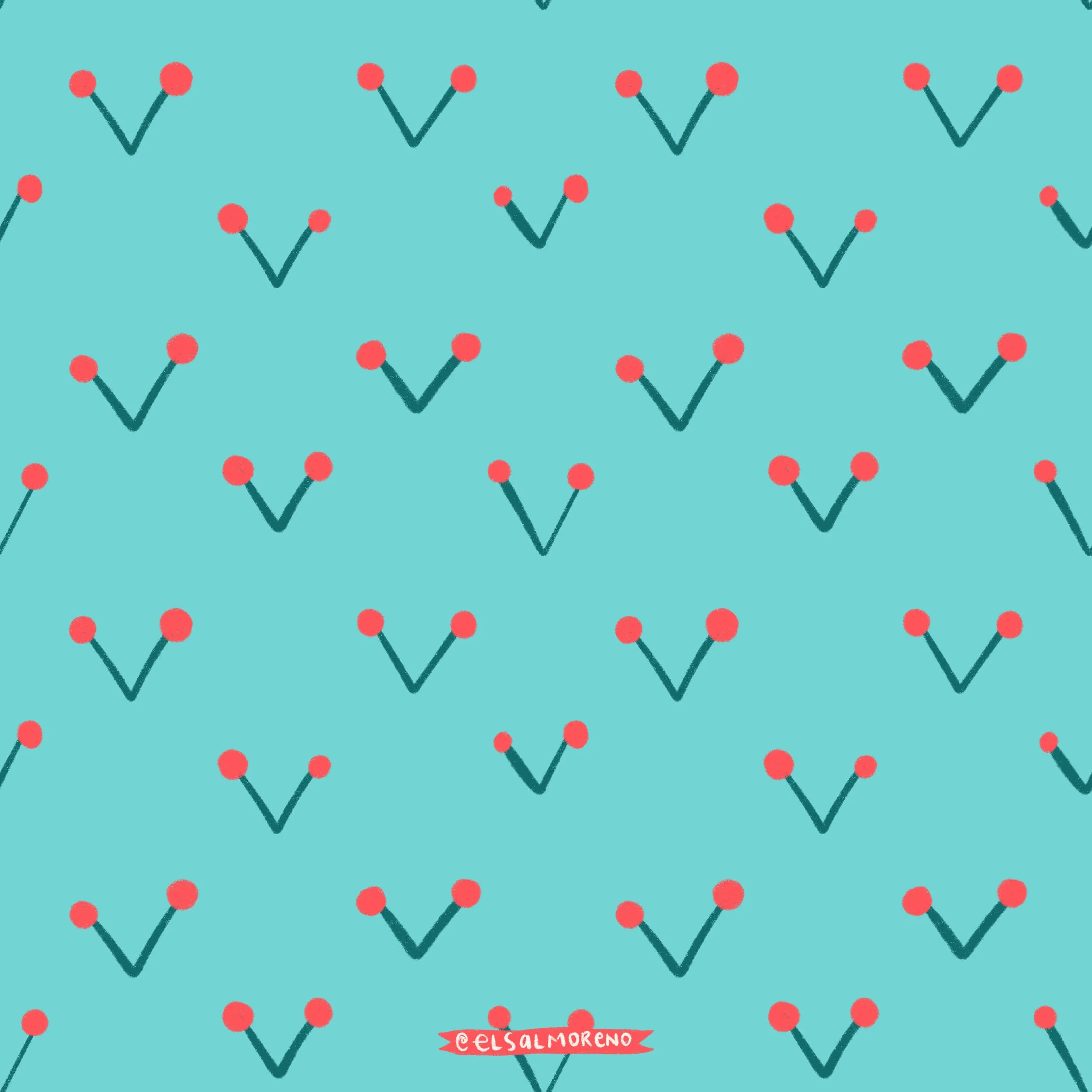 A repeating pattern of mini red berries with green stems over a turquoise background with Elsa L. Moreno's signature at the bottom center of the pattern.