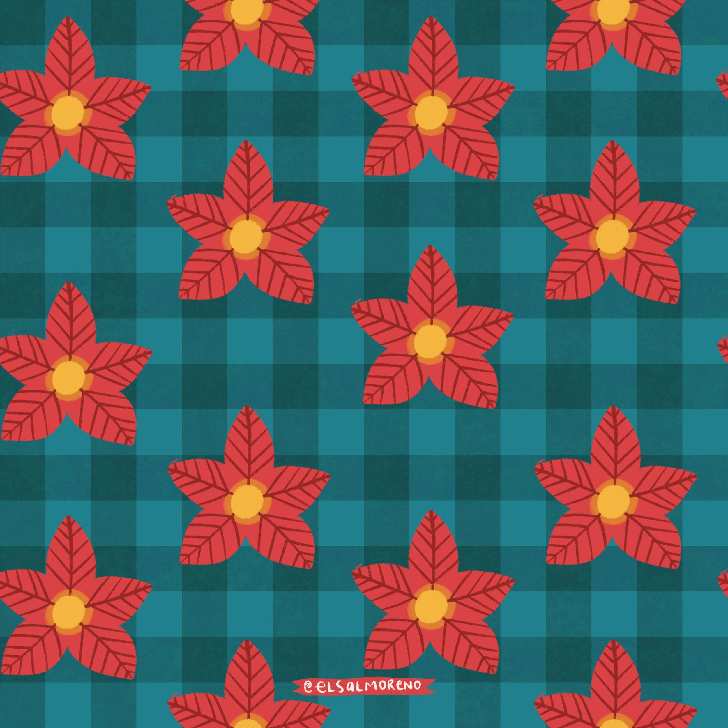 Repeating pattern of stylized poinsettia flowers over a green checkered background with the signature @elsalmoreno in the bottom center of the illustration. 