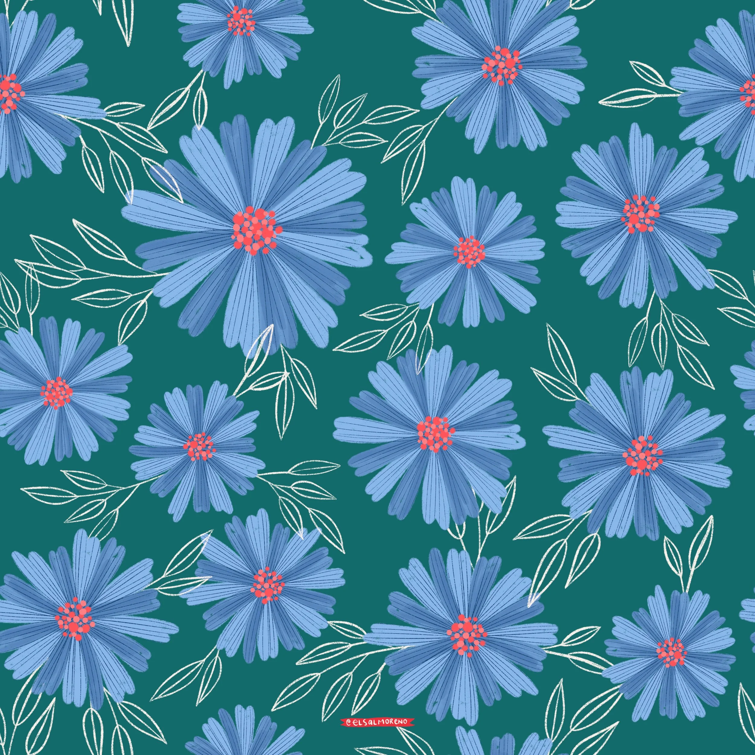 A repeating pattern of blue cornflowers and white leaf branches over a dark green background.