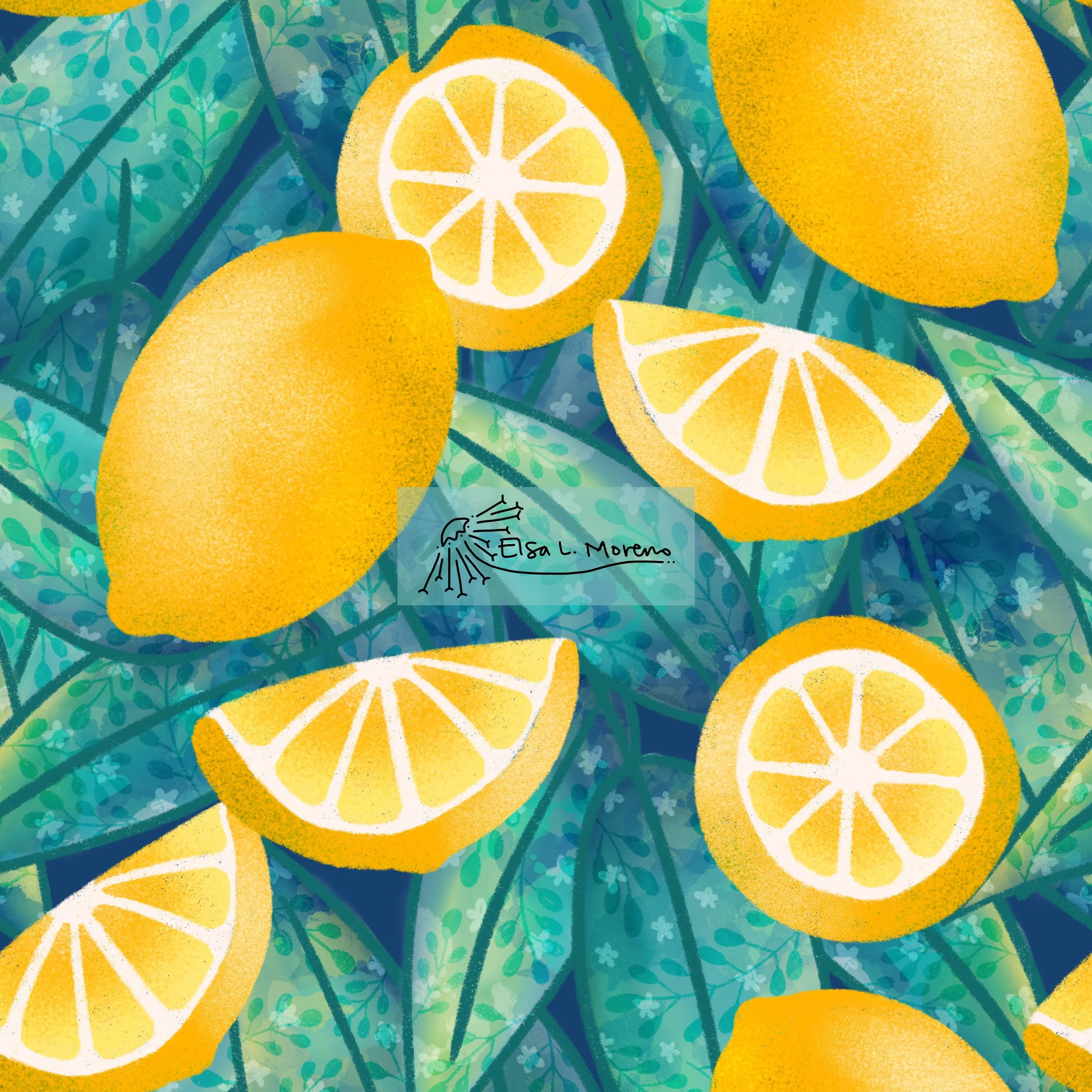 Repeating pattern with a lemon motif over a textured green leaf-filled background with the overlay logo of Elsa L. Moreno.