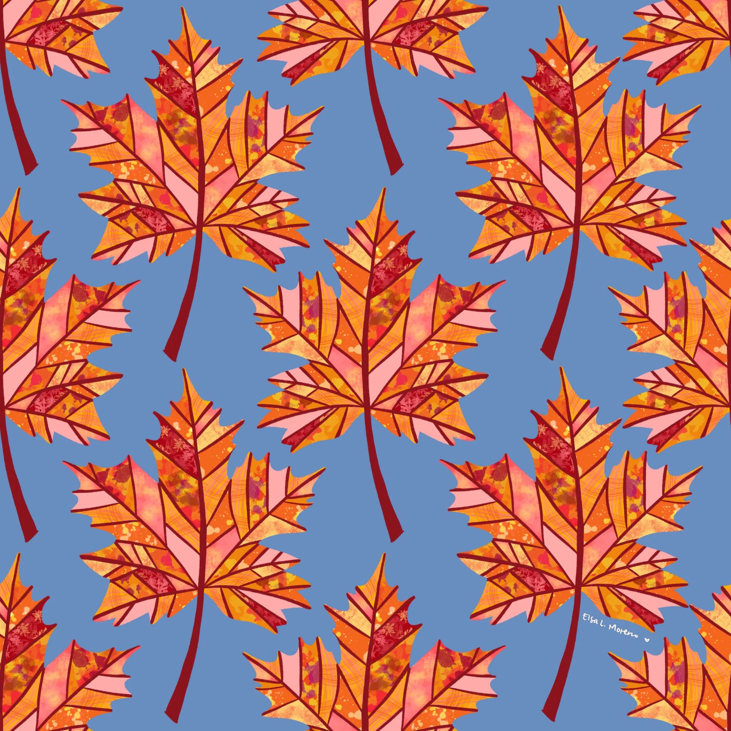 A repeating pattern of maple leaves in autumnal tones and textures over a cornflower blue background.