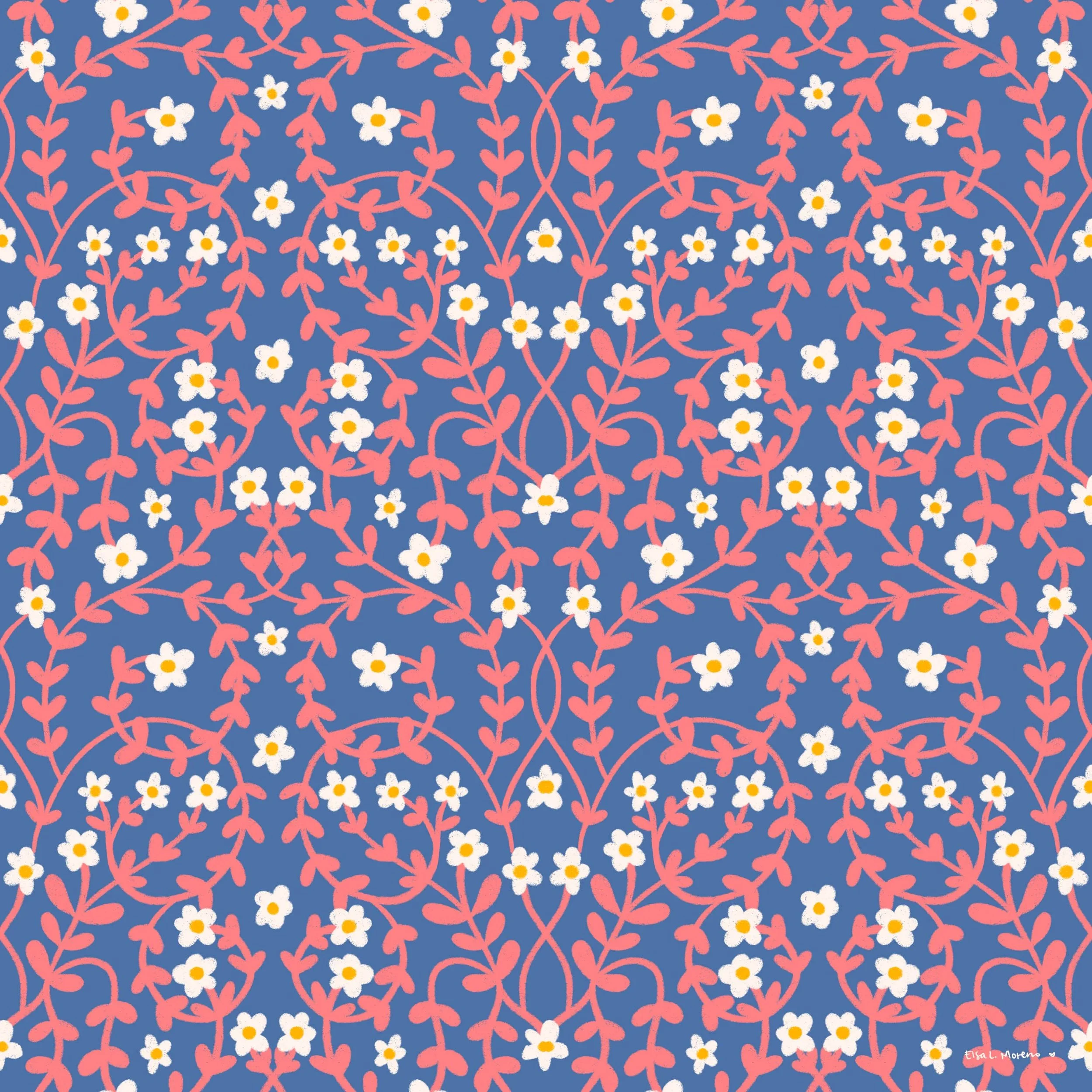 A floral repeating pattern with coral vines and white flowers over a cornflower blue background