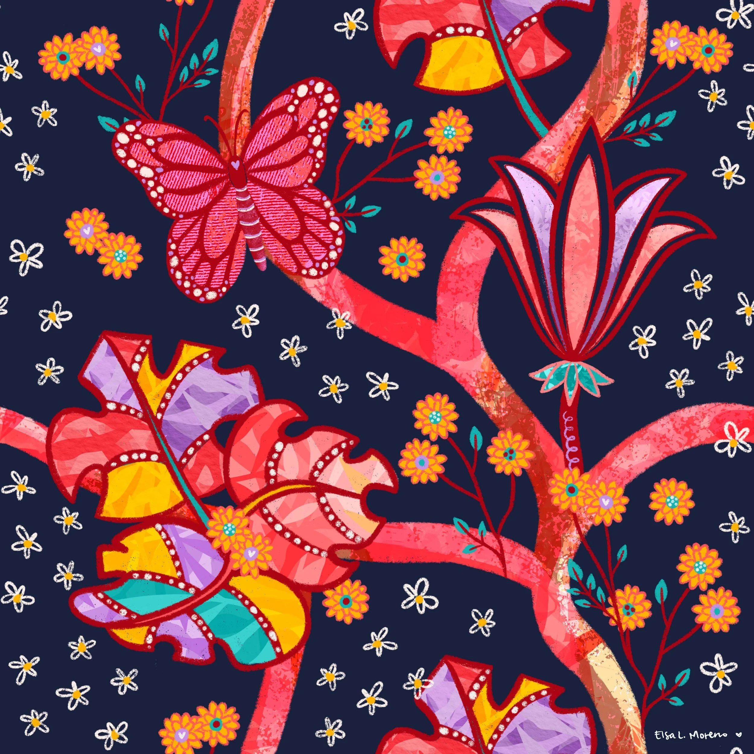 Repeating pattern of whimsical colorful leaves and flowers over a red branch, with mini yellow flowers and a pink butterfly