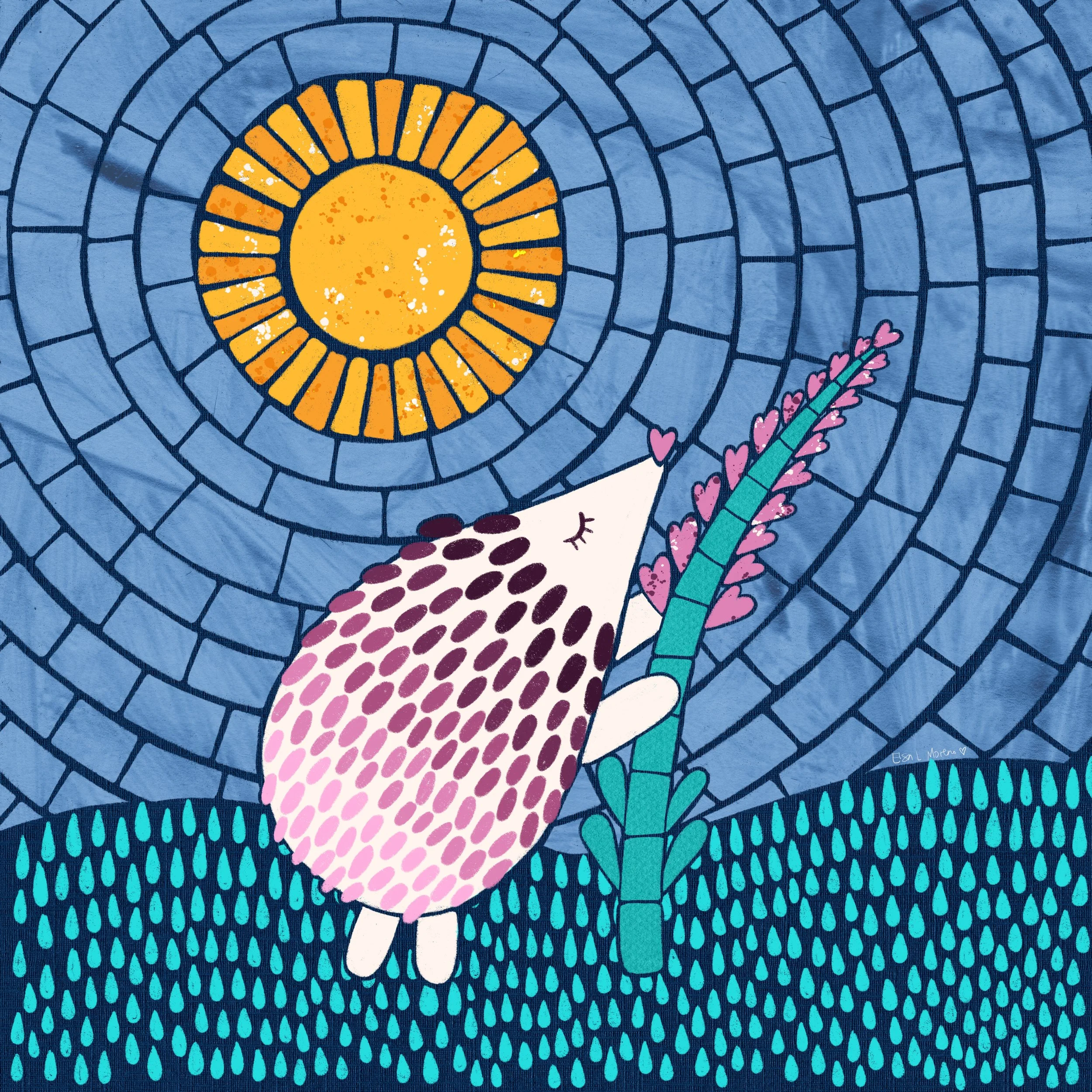 Hedgehog with lavender twig illustration in mosaic style