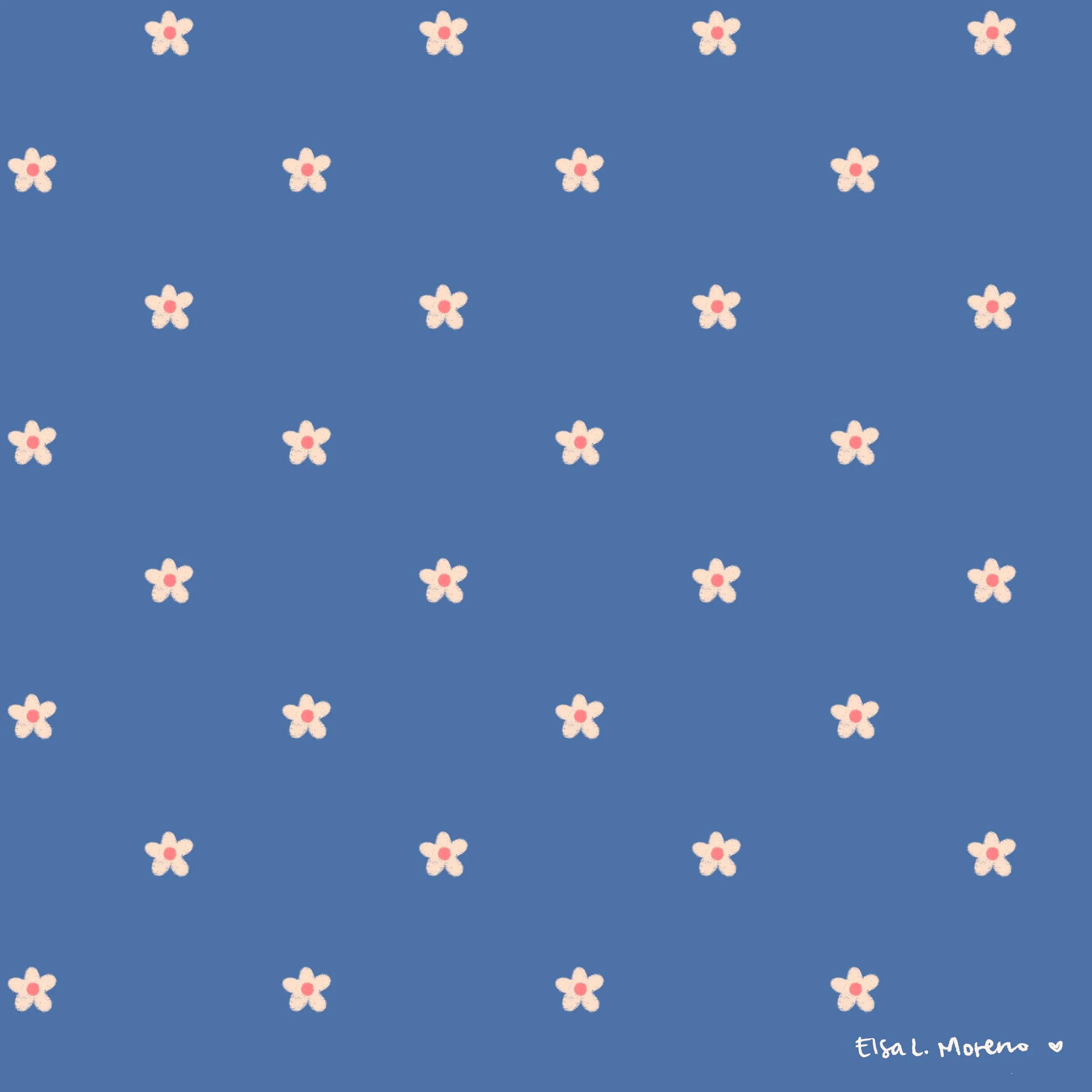 A repeating pattern of white mini flowers over a cornflower blue background