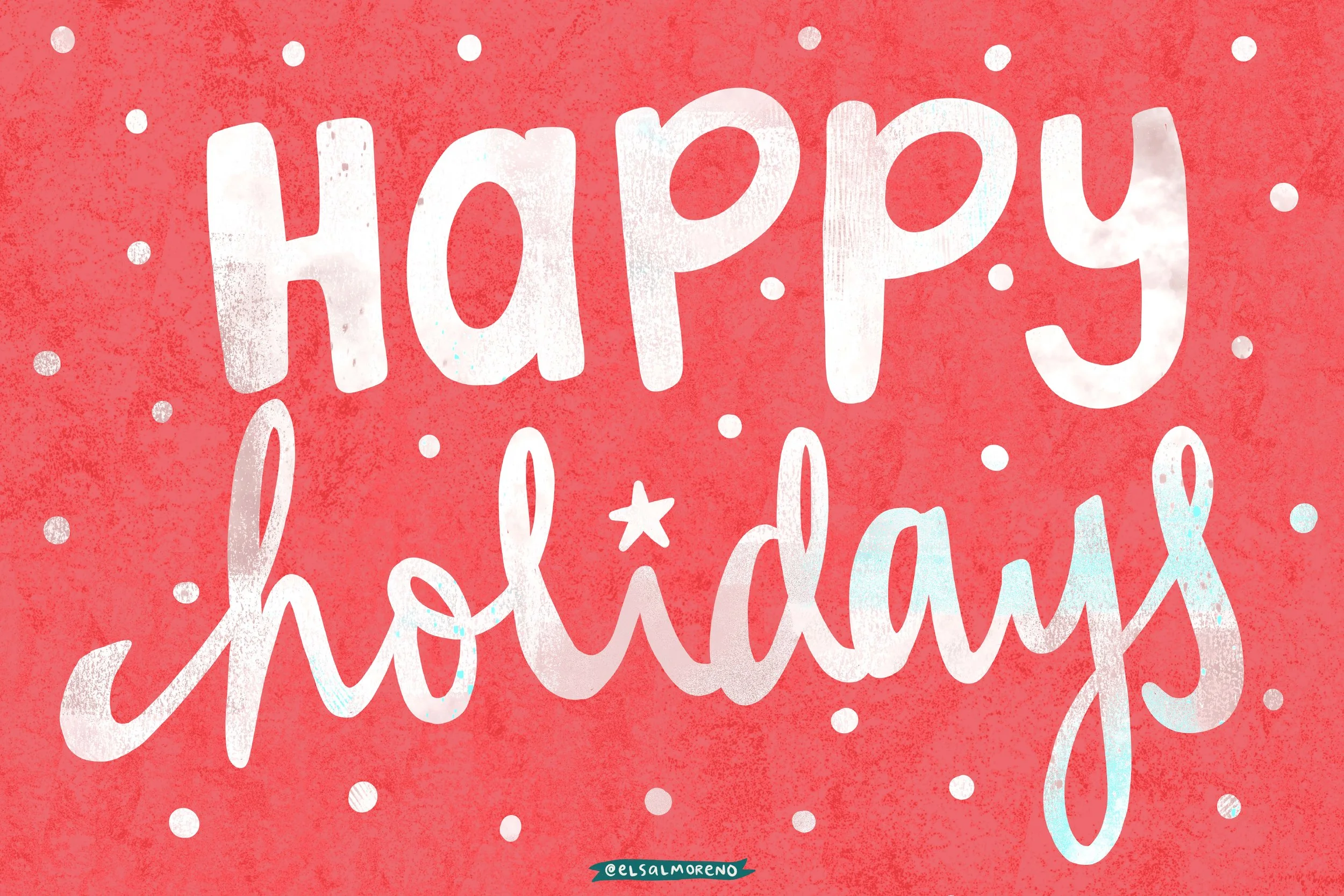 Hand-written Happy Holidays in white textured letters, surrounded by red textured dots over a red background