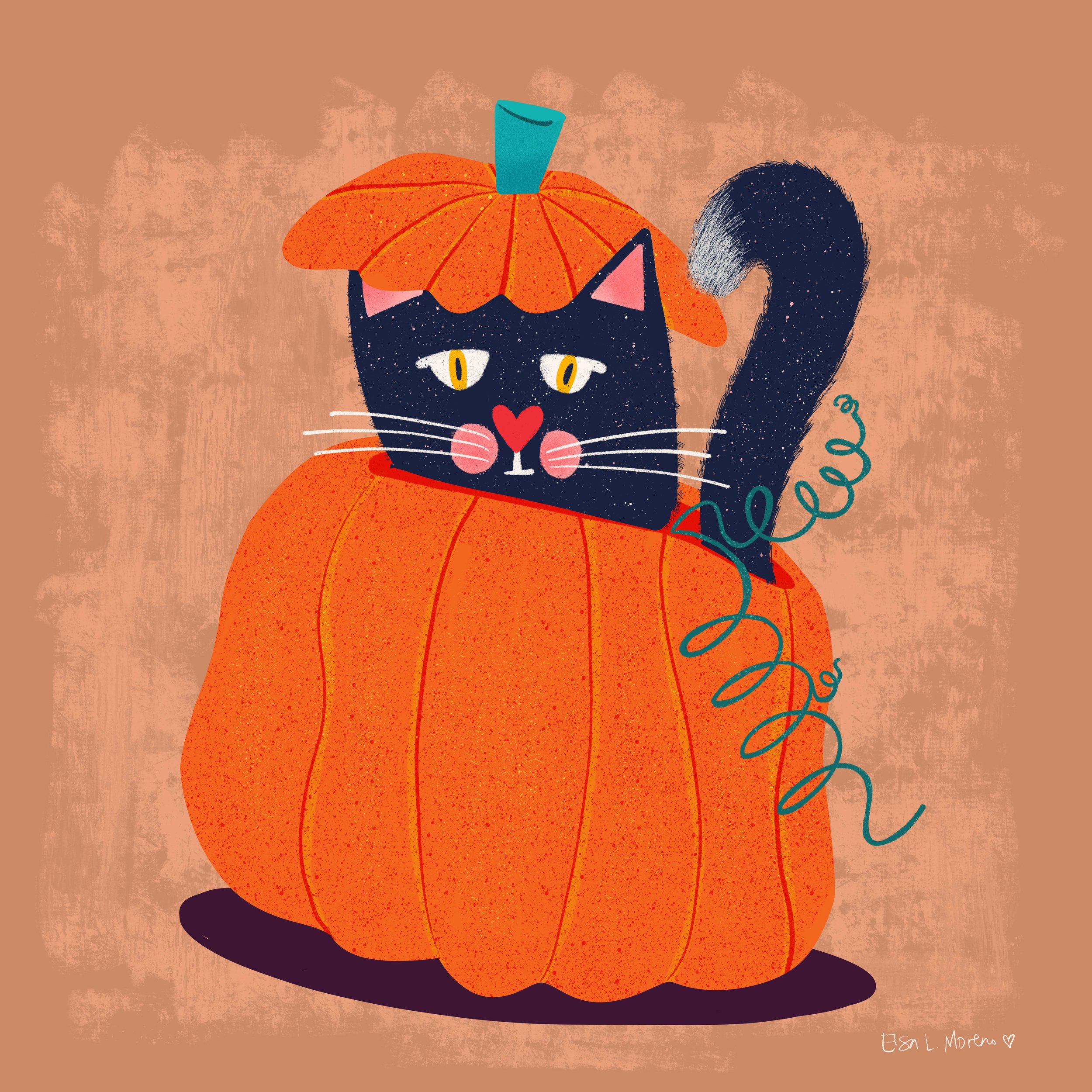 Illustration of a stylized black cat inside a pumpkin over a bronze background. The signature Elsa L. Moreno appears in the bottom right of the image.