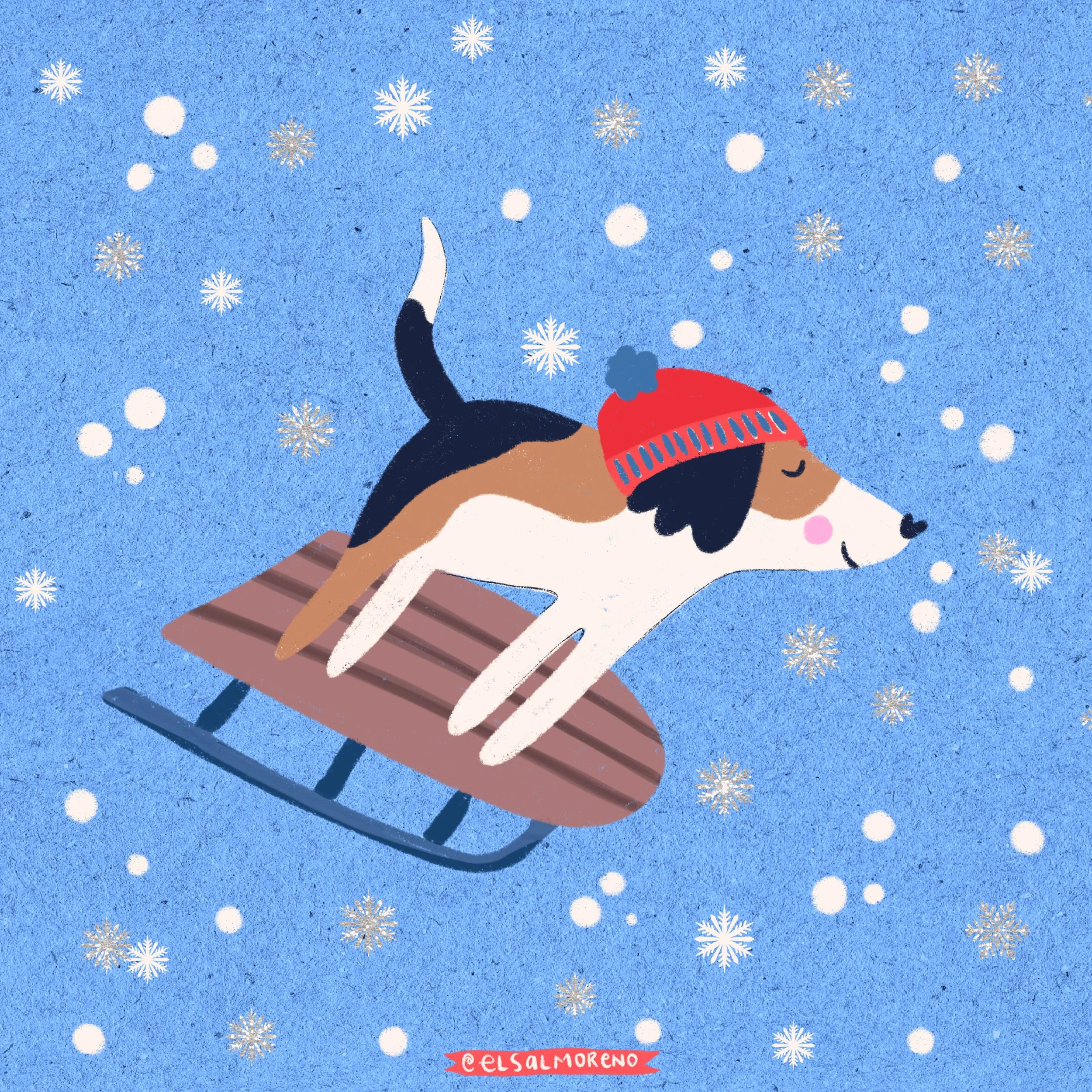Cute illustration of a king charles dog in a red hat sledding, on a blue background with white and silver sparkly snow and snowflakes with Elsa L. Moreno's signature in the bottom center. 