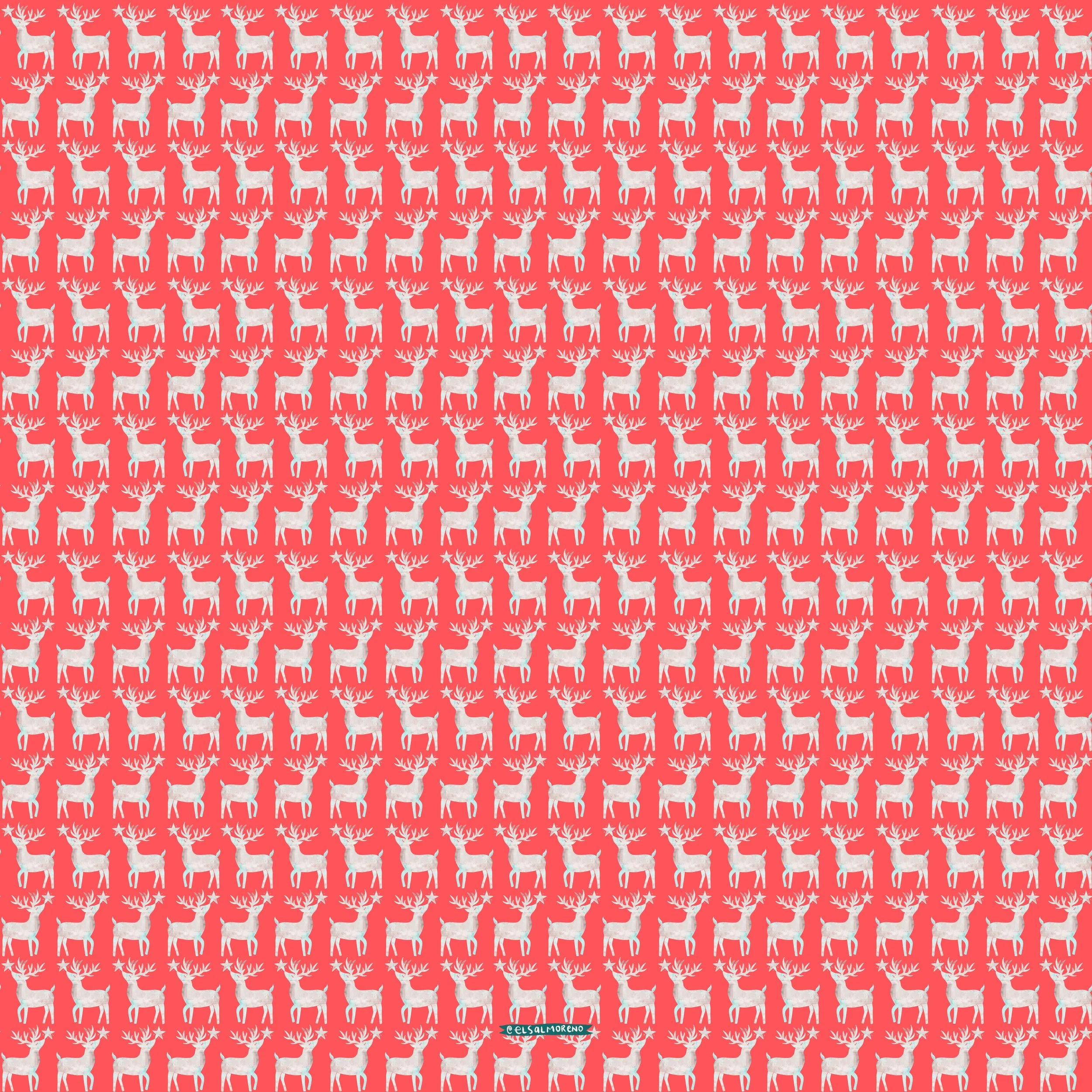 Repeating pattern of rows of white reindeer over a red background