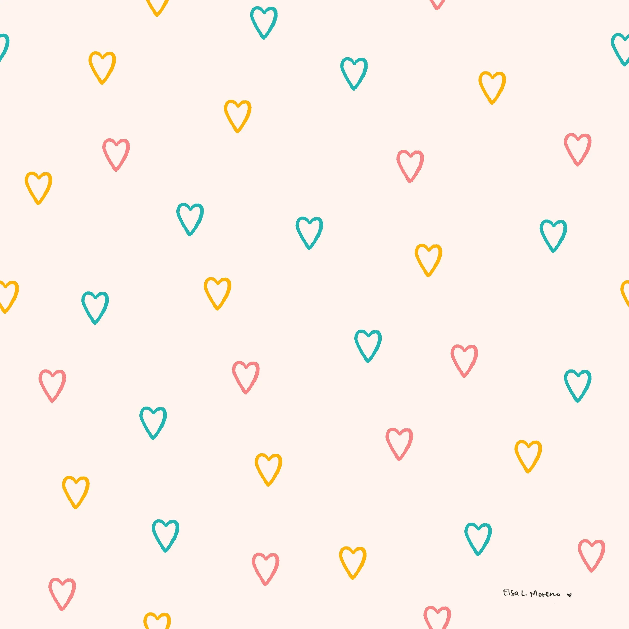 Repeating Pattern of Colorful Mini Hearts on an Ecru Background