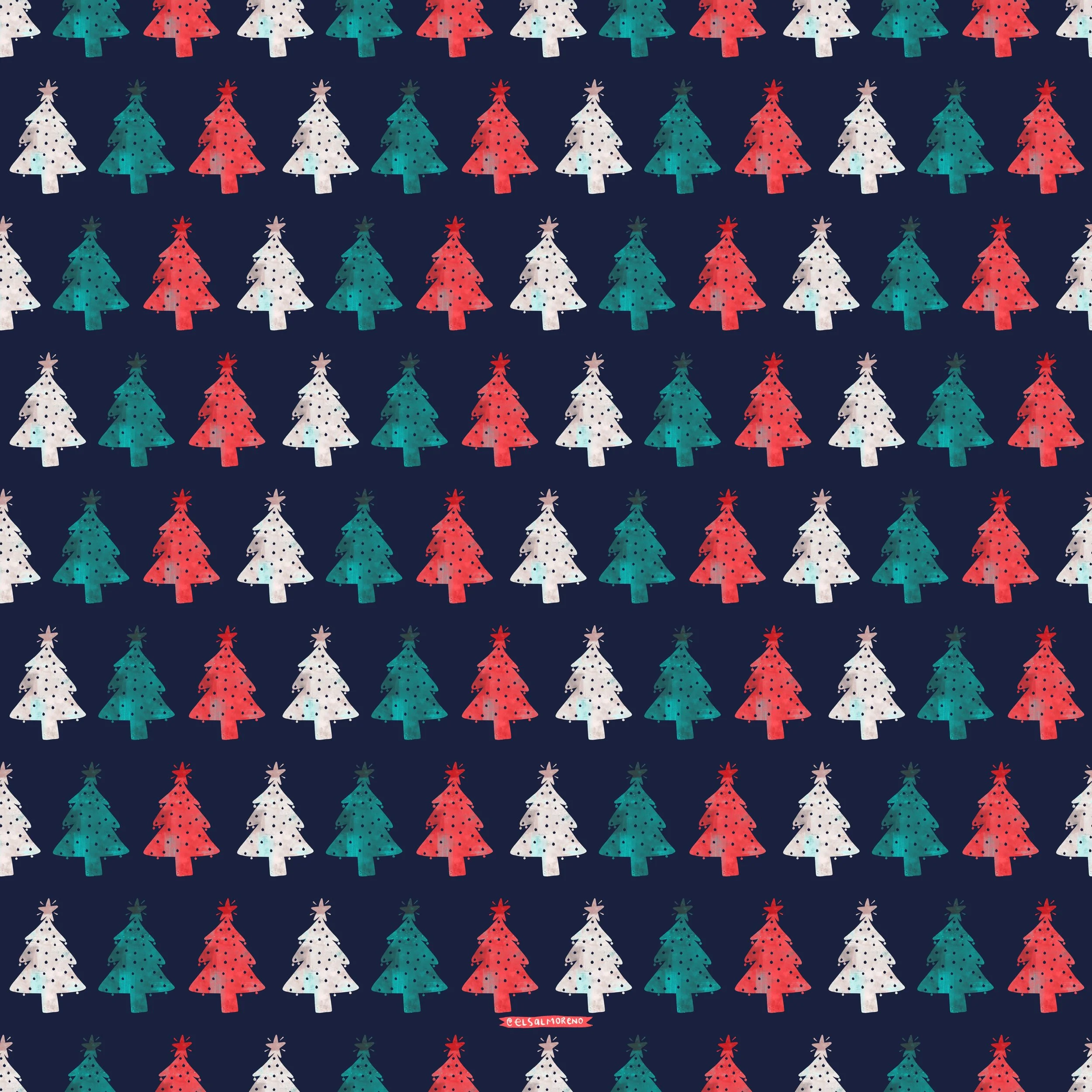 Repeating pattern of Christmas trees in red, green and white, over a dark background
