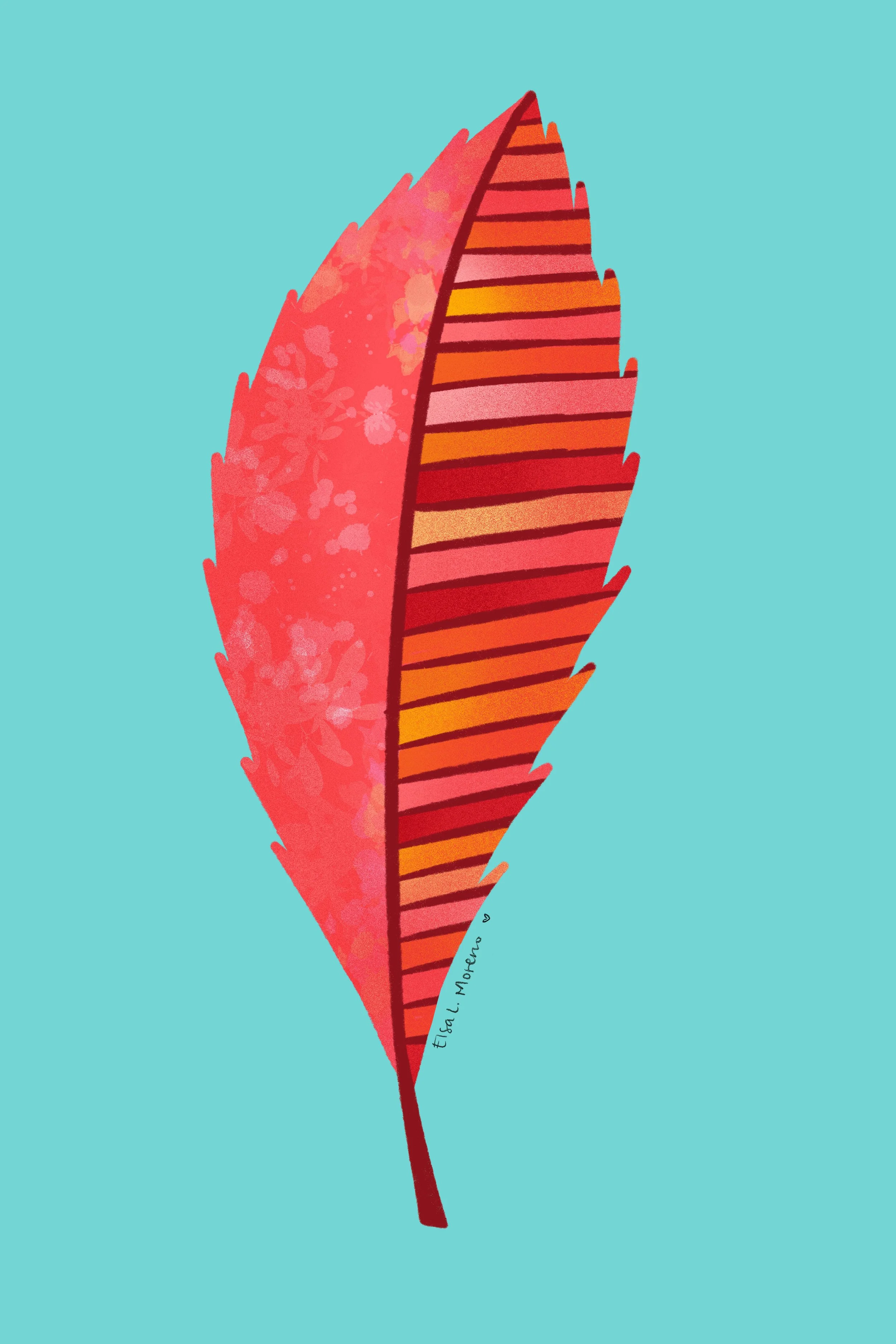 An illustration of a stylized chestnut leaf in autumnal colors over a turquoise background.
