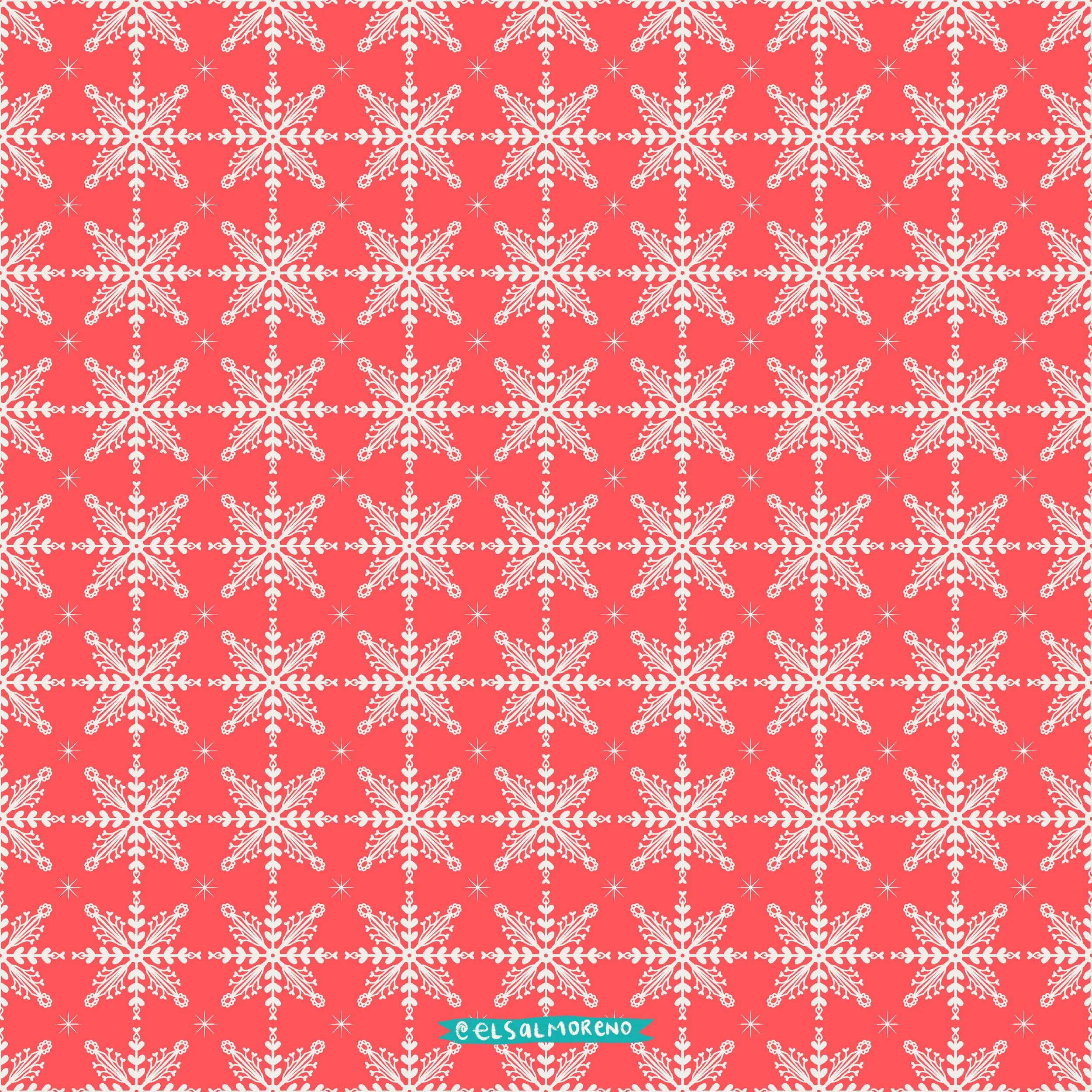 Repeating pattern of red snowflakes and stars over a red background with Elsa L. Moreno's signature in the bottom center of the pattern.