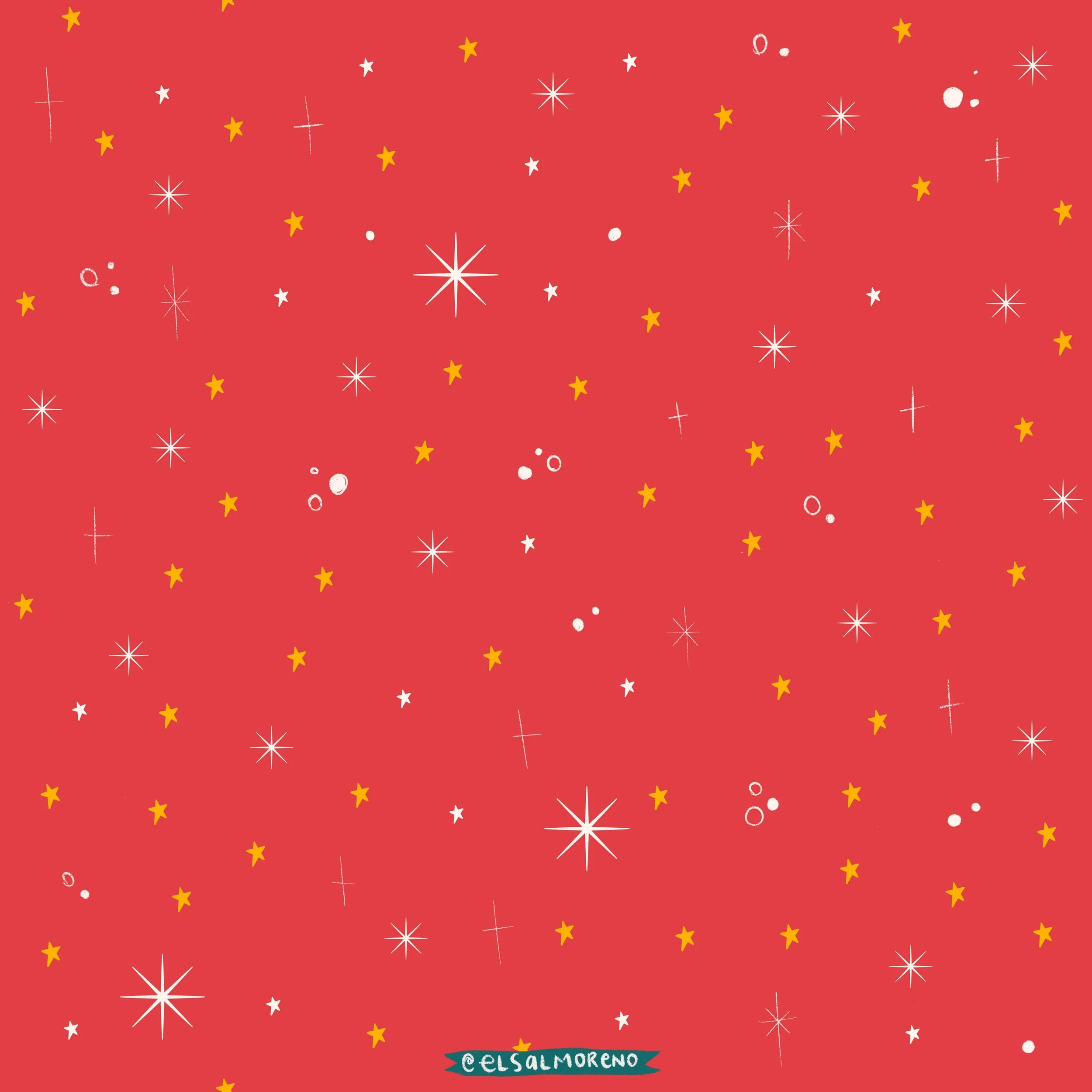 A repeating pattern of glowy yellow and white stars over a red background with the signature @elsalmoreno