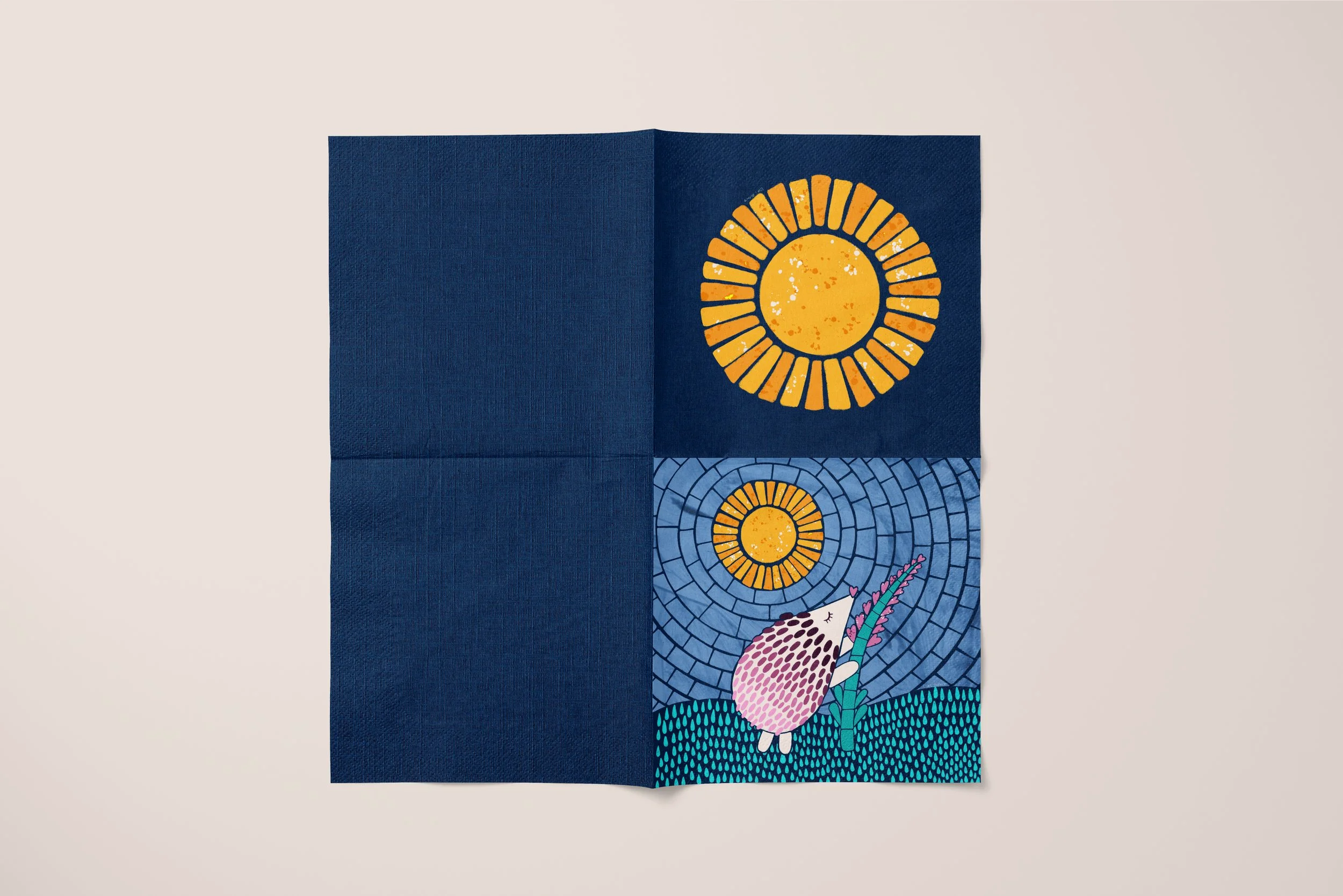 Mockup of hedgehog and sun illustration on an unfolded napkin