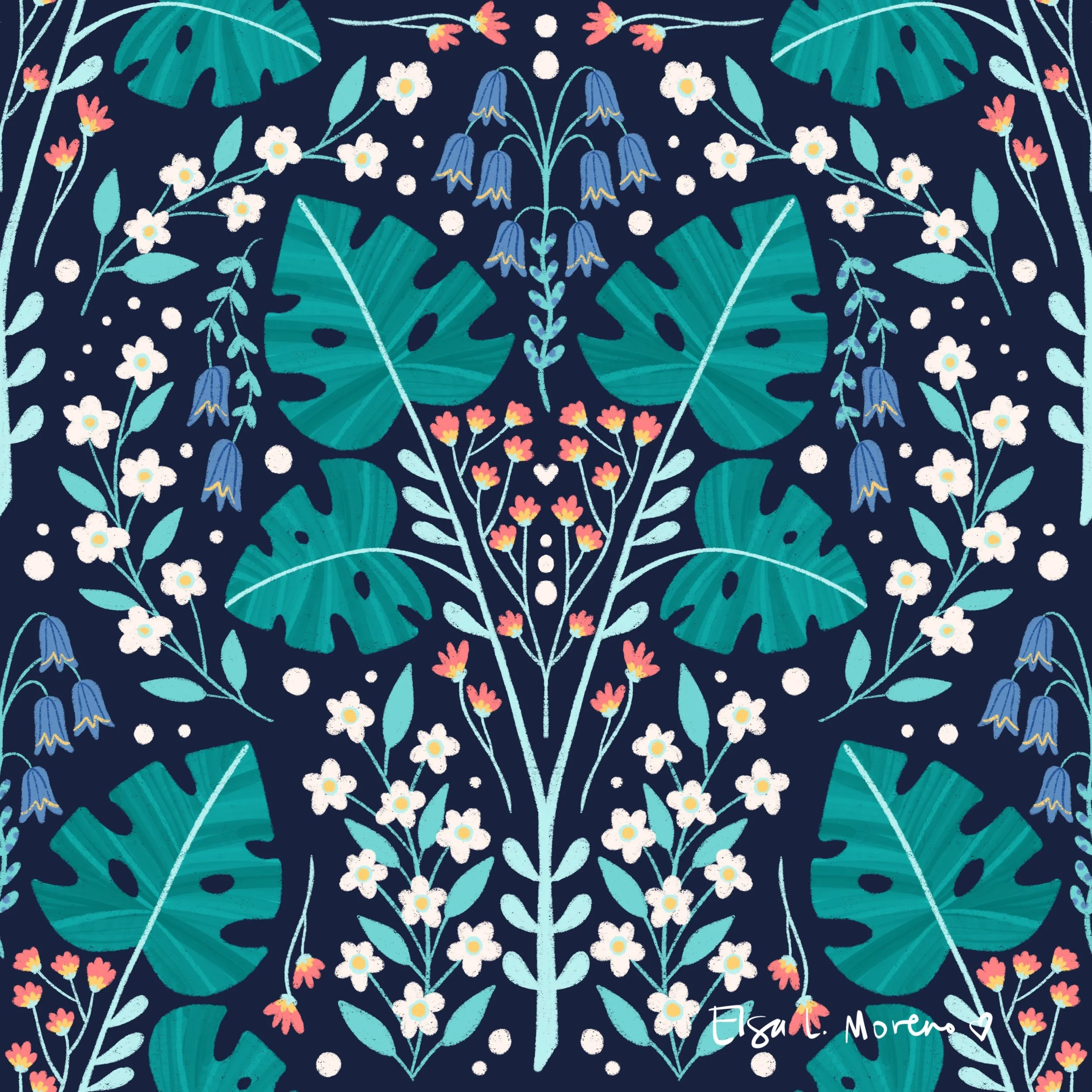 Symmetrical Hawaii-inspired repeating pattern with monstera plants, blue bell flowers and other stylized floral motifs over a navy background