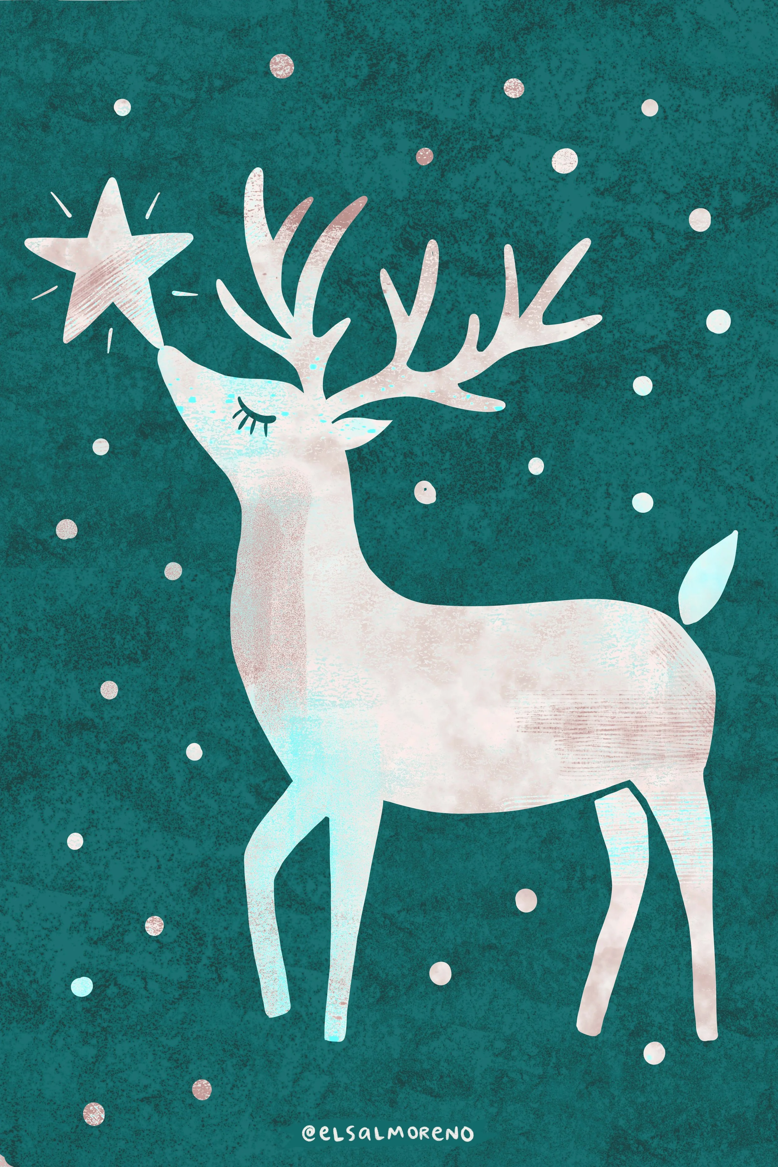 Textured silhouette of a white reindeer with a star on his nose, surrounded by white dots over a dark green background