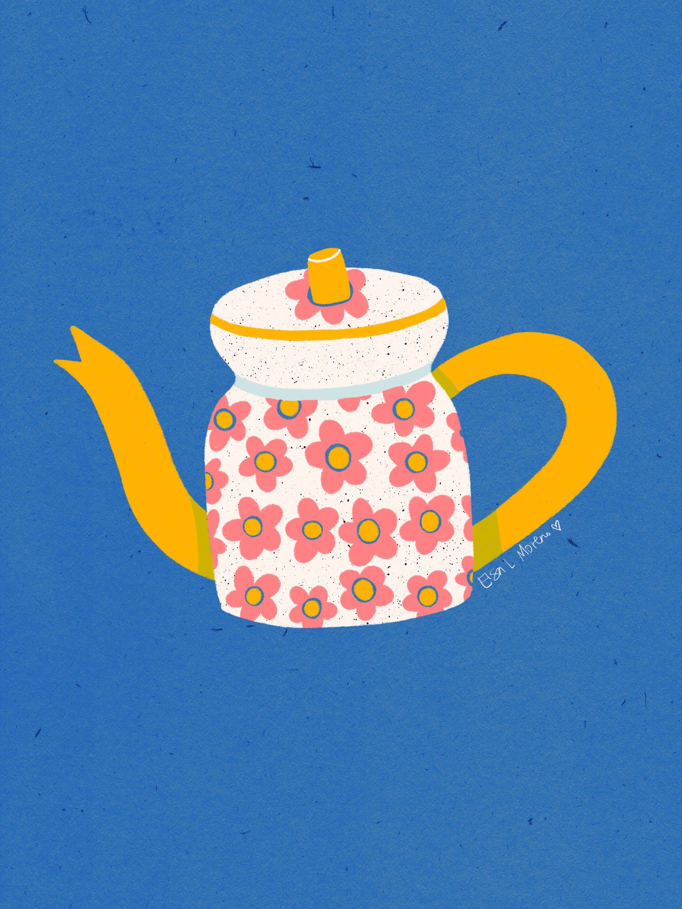 Vintage Teapot Illustration with Coral Flowers and Yellow Details on a Blue Background
