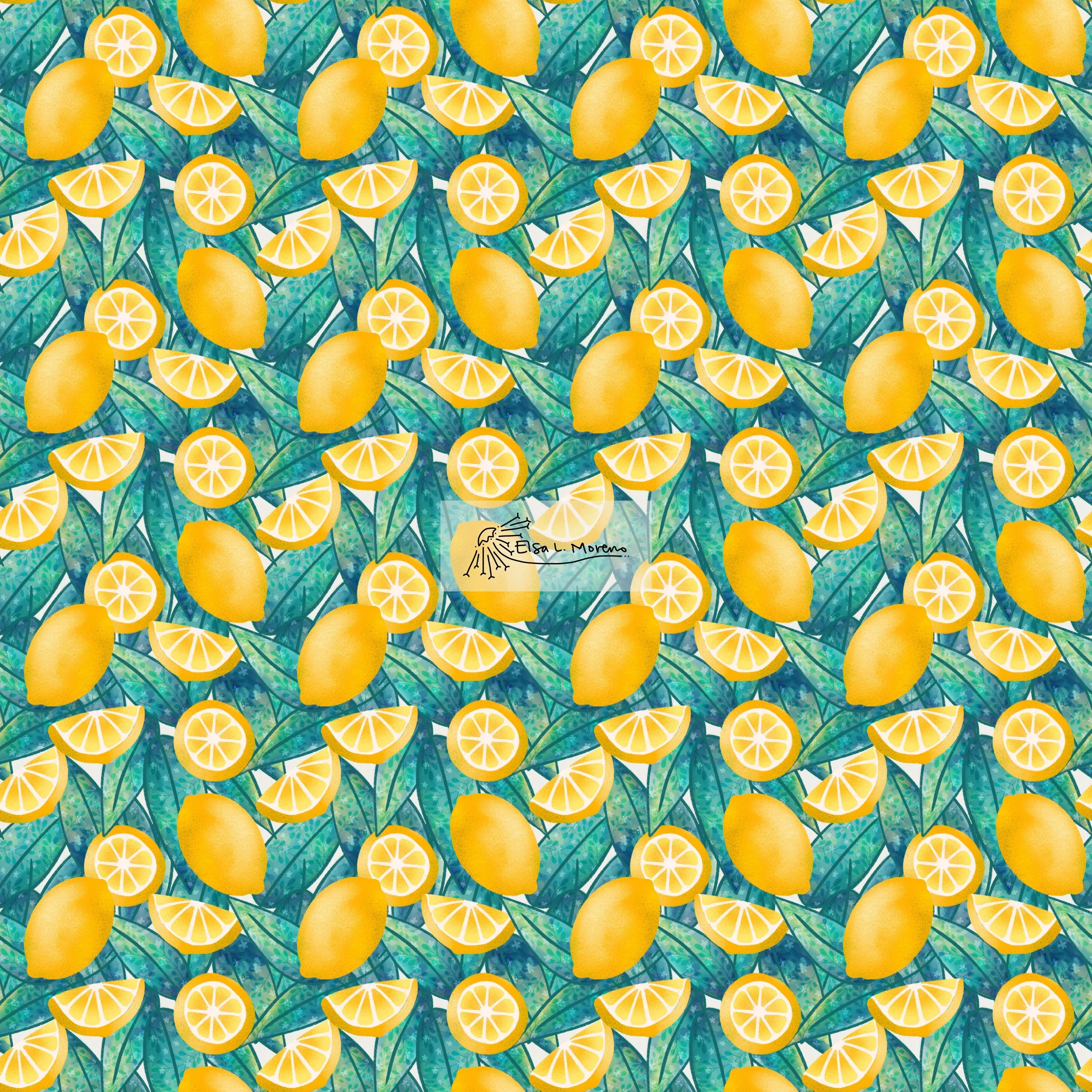 A repeating pattern of a lemon-motif over a green textured leaf-filled background with an overlay of Elsa L. Moreno's logo.
