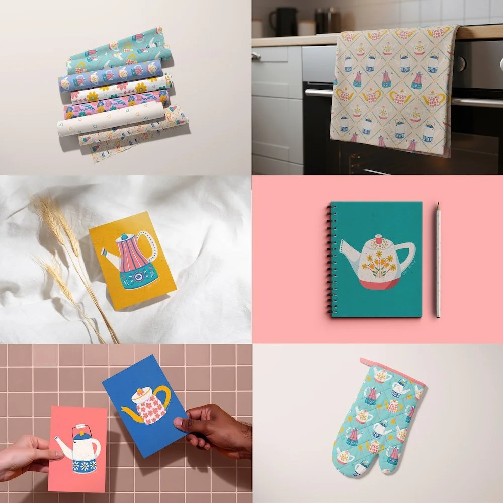 Image shows 6 mockups of a print and pattern collection depicting Vintage Teapots in an array of products: textiles, kitchenware, cards and notebooks.