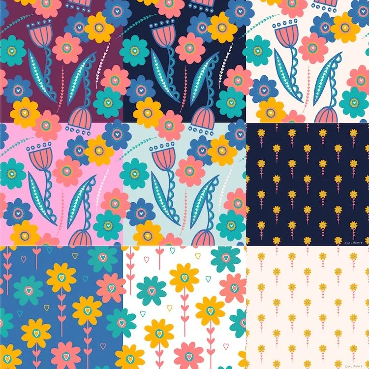 Image shows three floral repeating patterns in different colorways by surface pattern designer Elsa L Moreno.