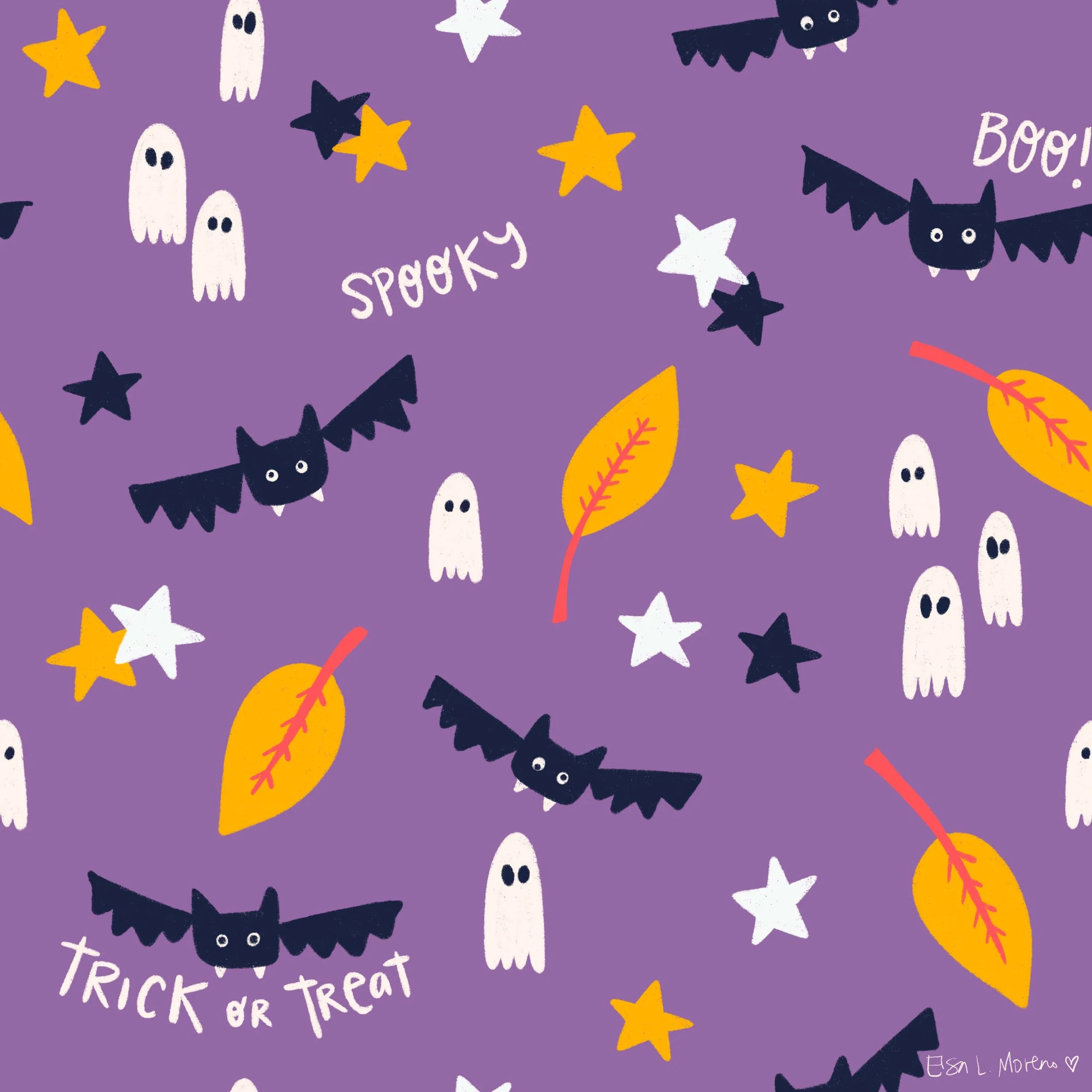 Repeating pattern of Halloween ghosts and bats surrounded by yellow, white and black stars and autumnal leaves over a purple background. The words "Spooky", "Boo!" and "Trick or Treat are dispersed around the pattern. The signature Elsa L. Moreno app