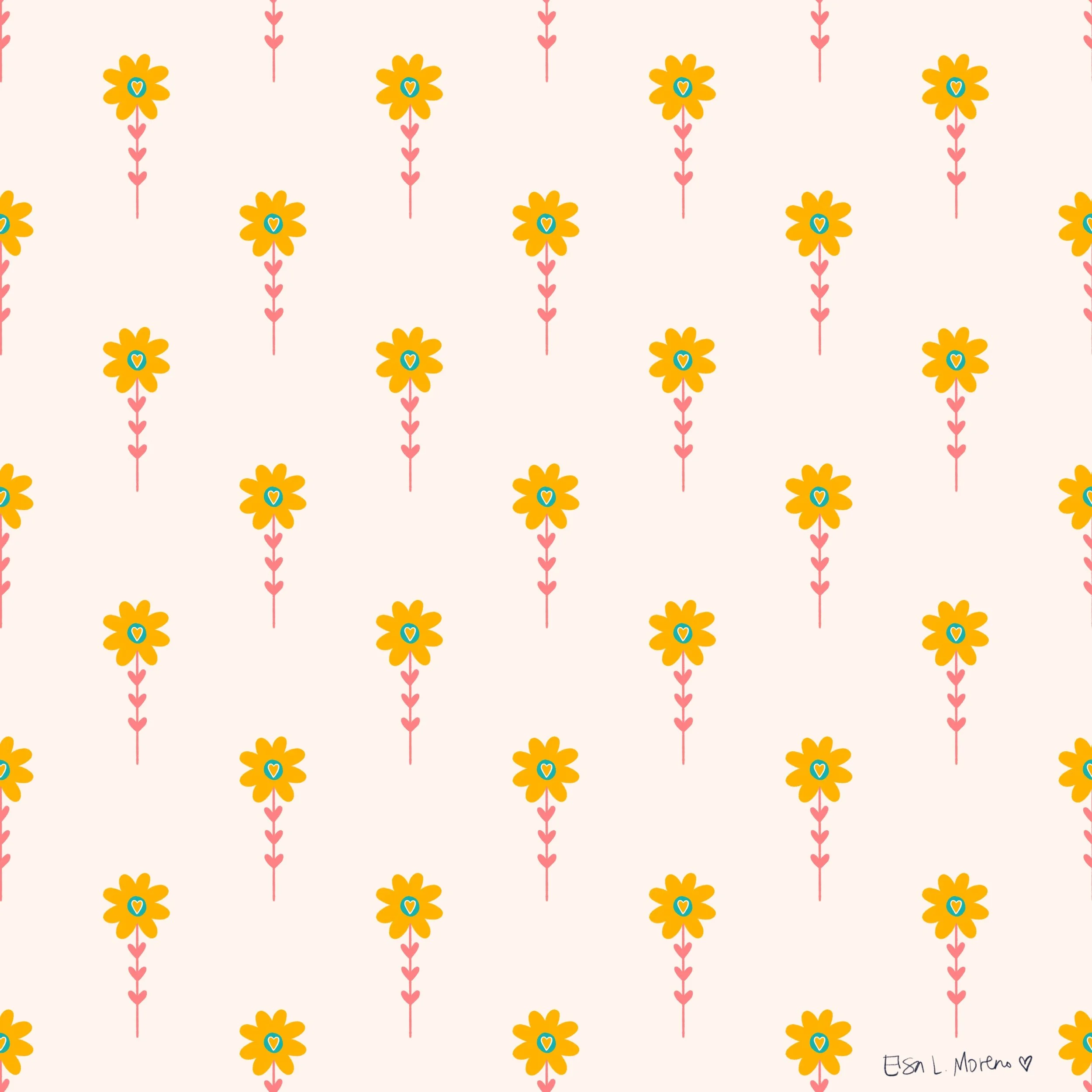 Repeating Pattern of Yellow Flowers with Heart Leaves on their Stems on an Ecru Background