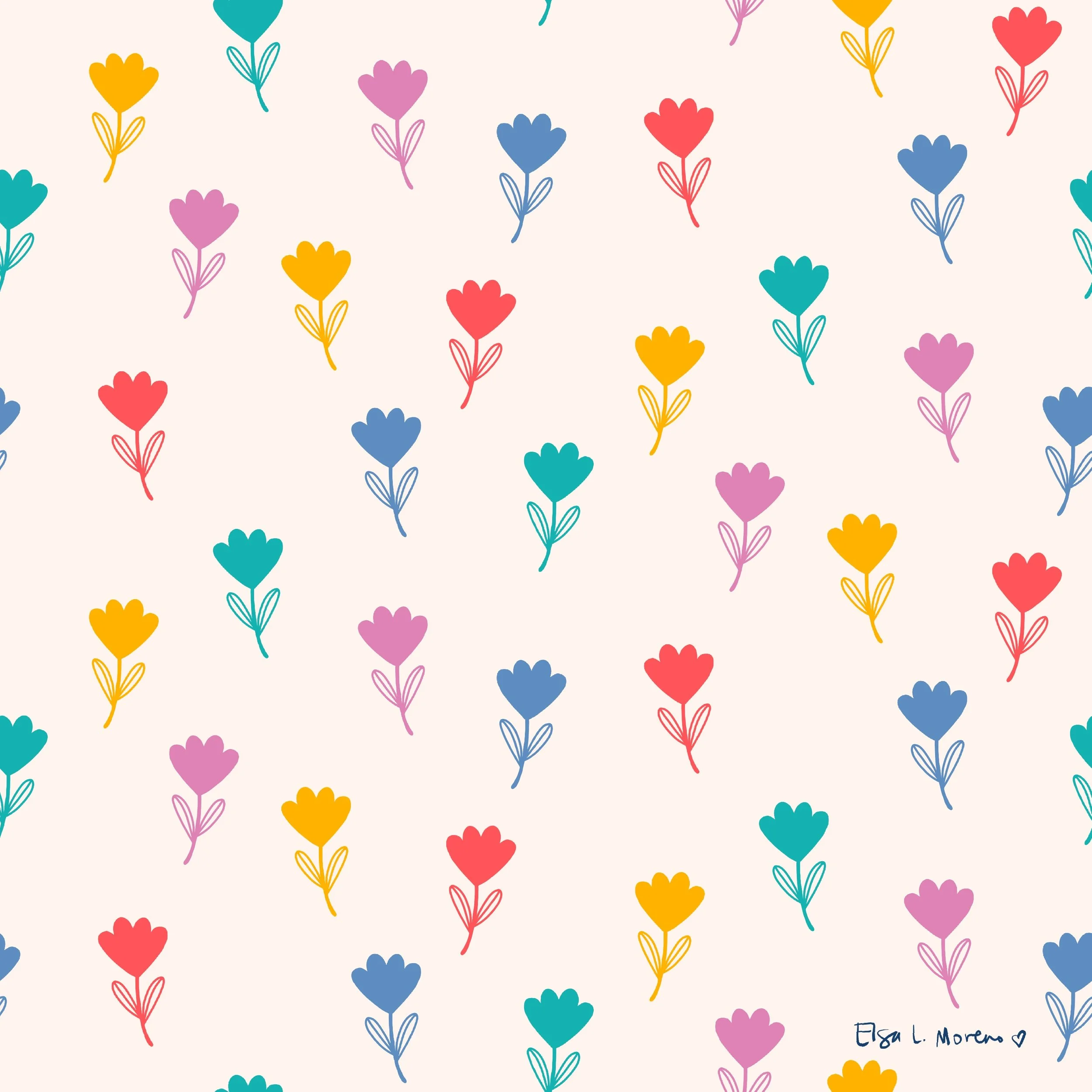 Repeating pattern of stylized mini 4-petal flowers with stem and two leaves in red, pink, turquoise, blue and yellow over an ecru background