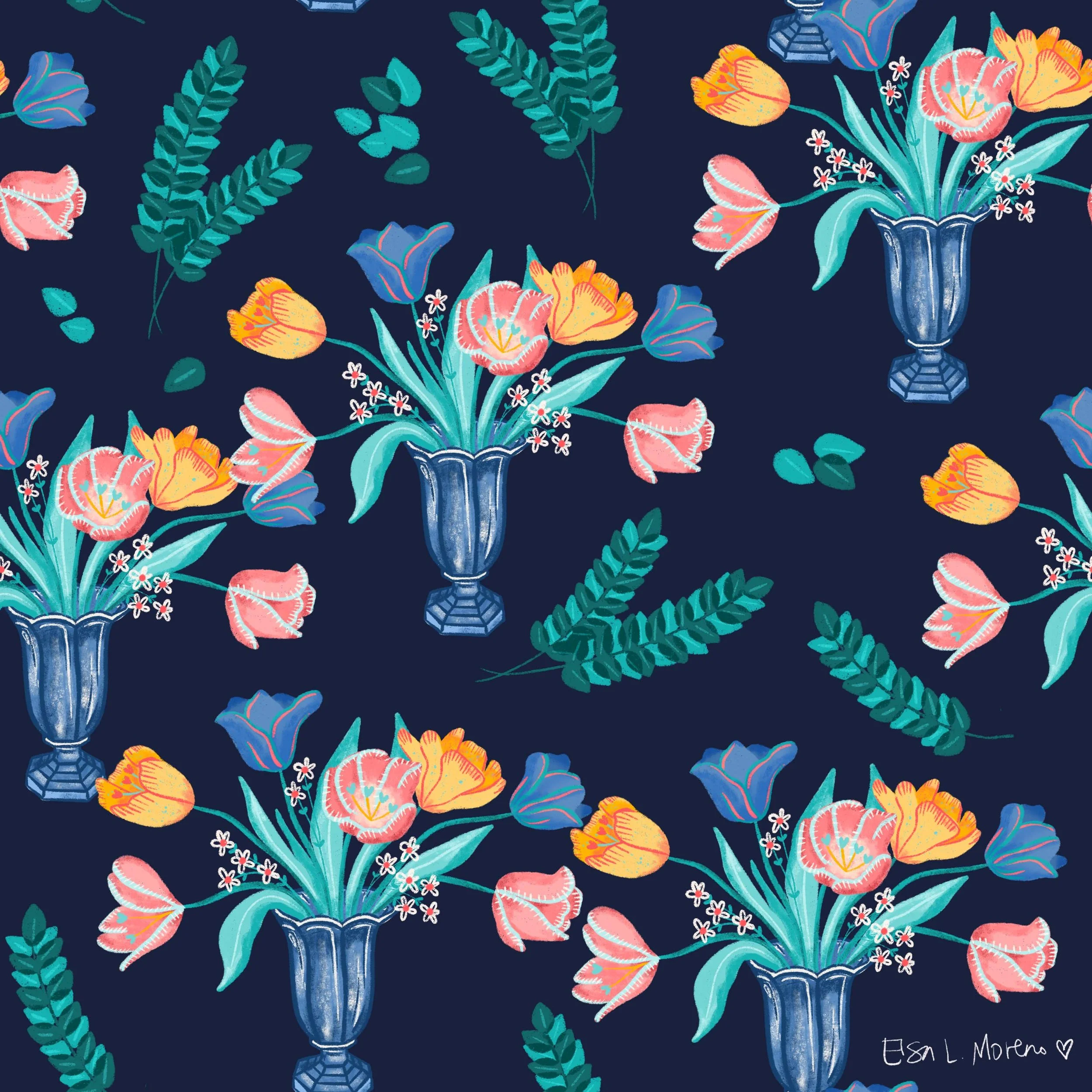 Repeating pattern of pink, yellow and blue tuliips in a blue vase with stylized eucalyptus branches.
