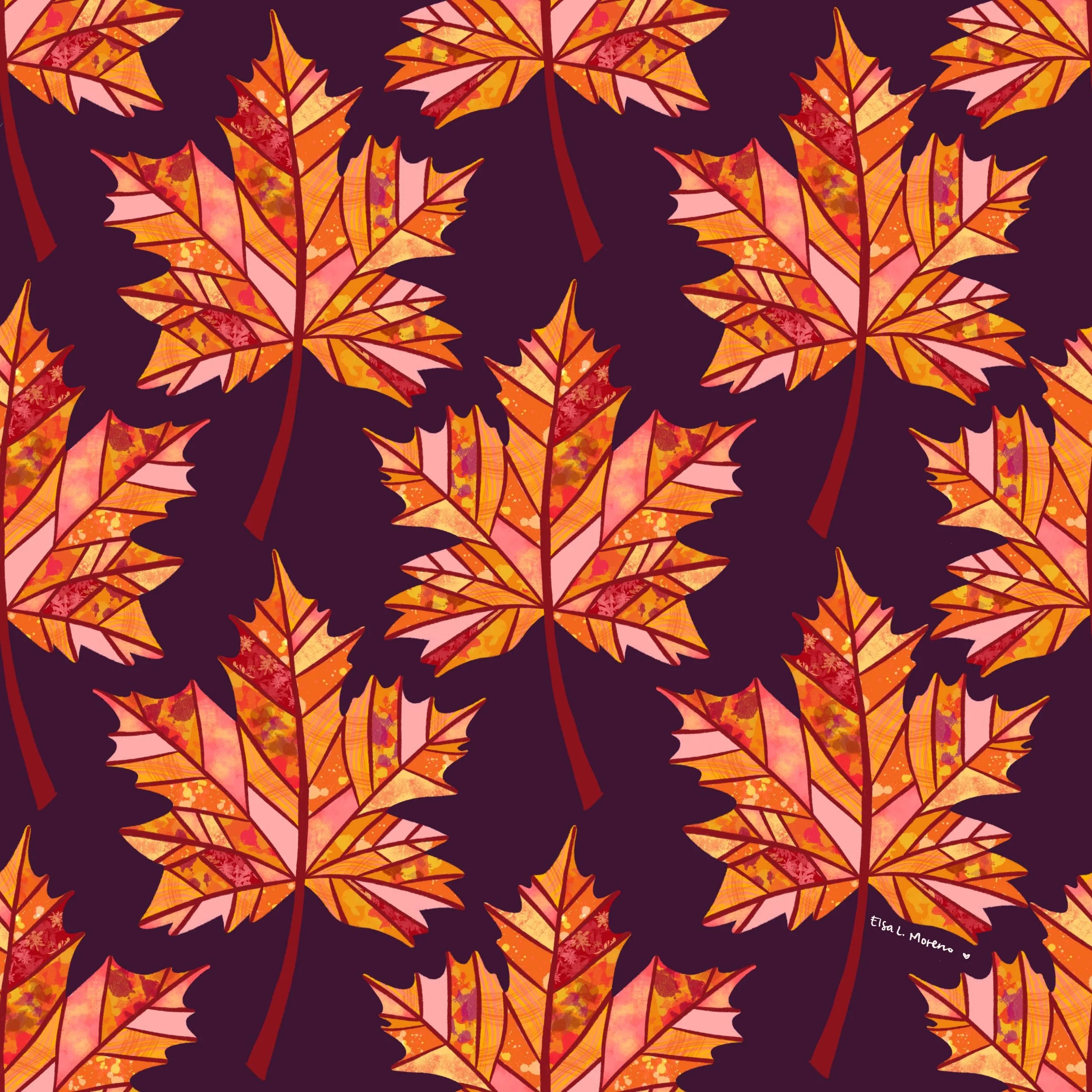 A repeating pattern of maple leaves in autumnal tones and textures over a burgundy background.