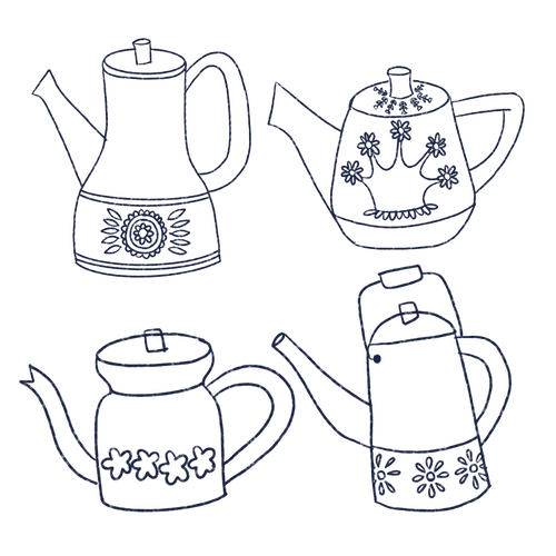 The image shows the sketch of four teapots with floral motifs.
