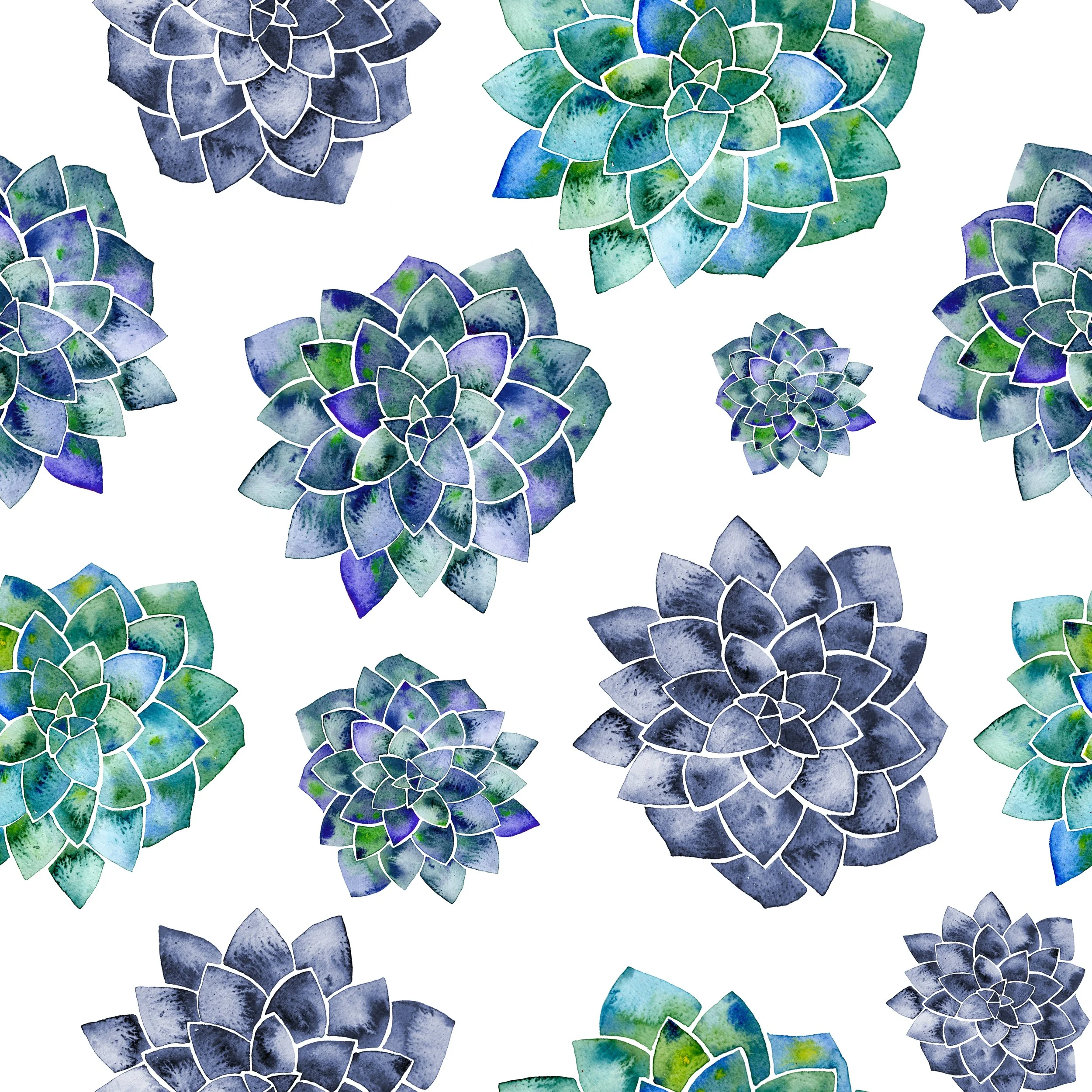 Green and blue stylized succulent clusters in a repeating pattern over a white background