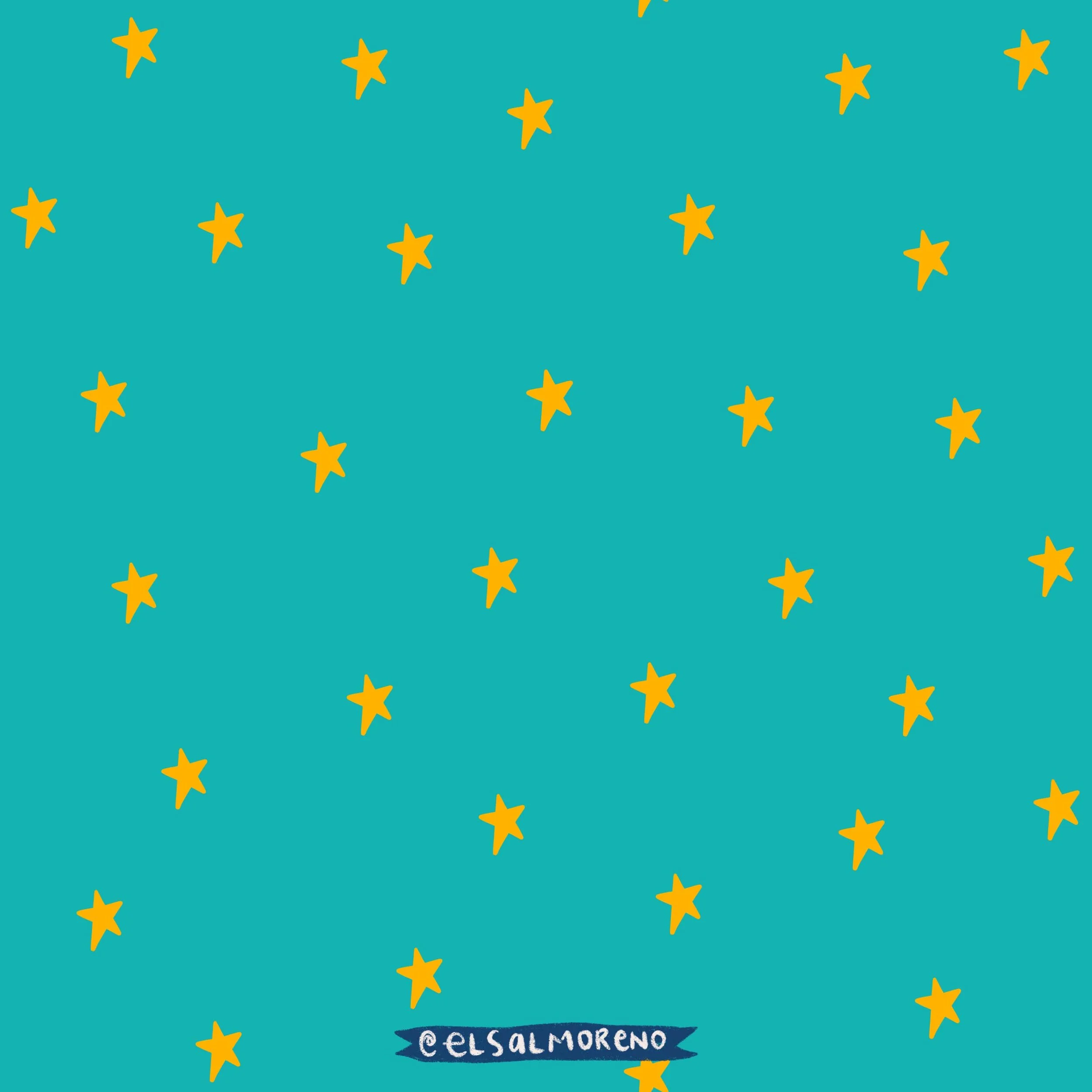 A repeating pattern of yellow stars over a turquoise background with the signature @elsalmoreno at the bottom center