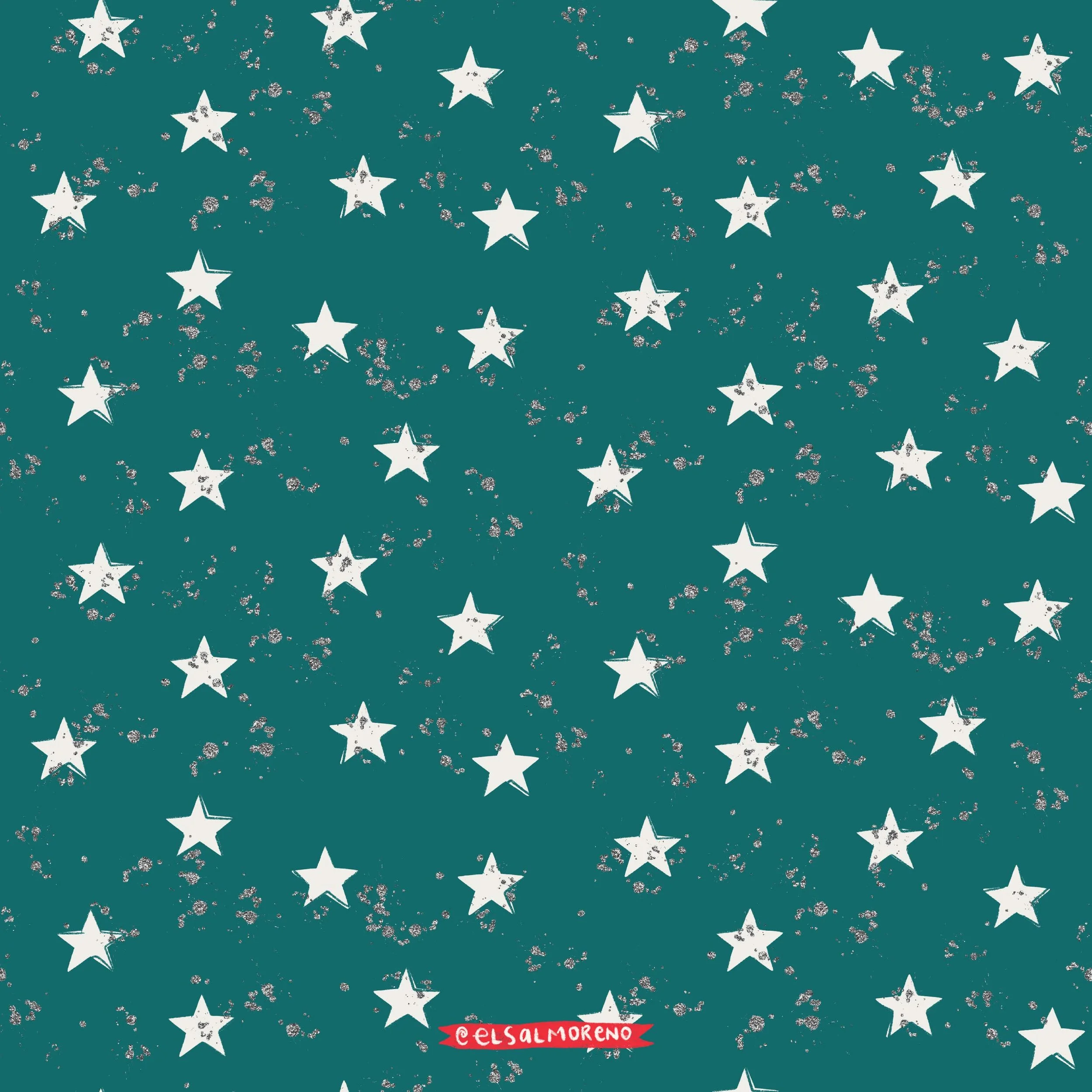 Repeating pattern of white stars and silver glitter splashes over a dark green background with the signature @elsalmoreno in the bottom center of the illustration