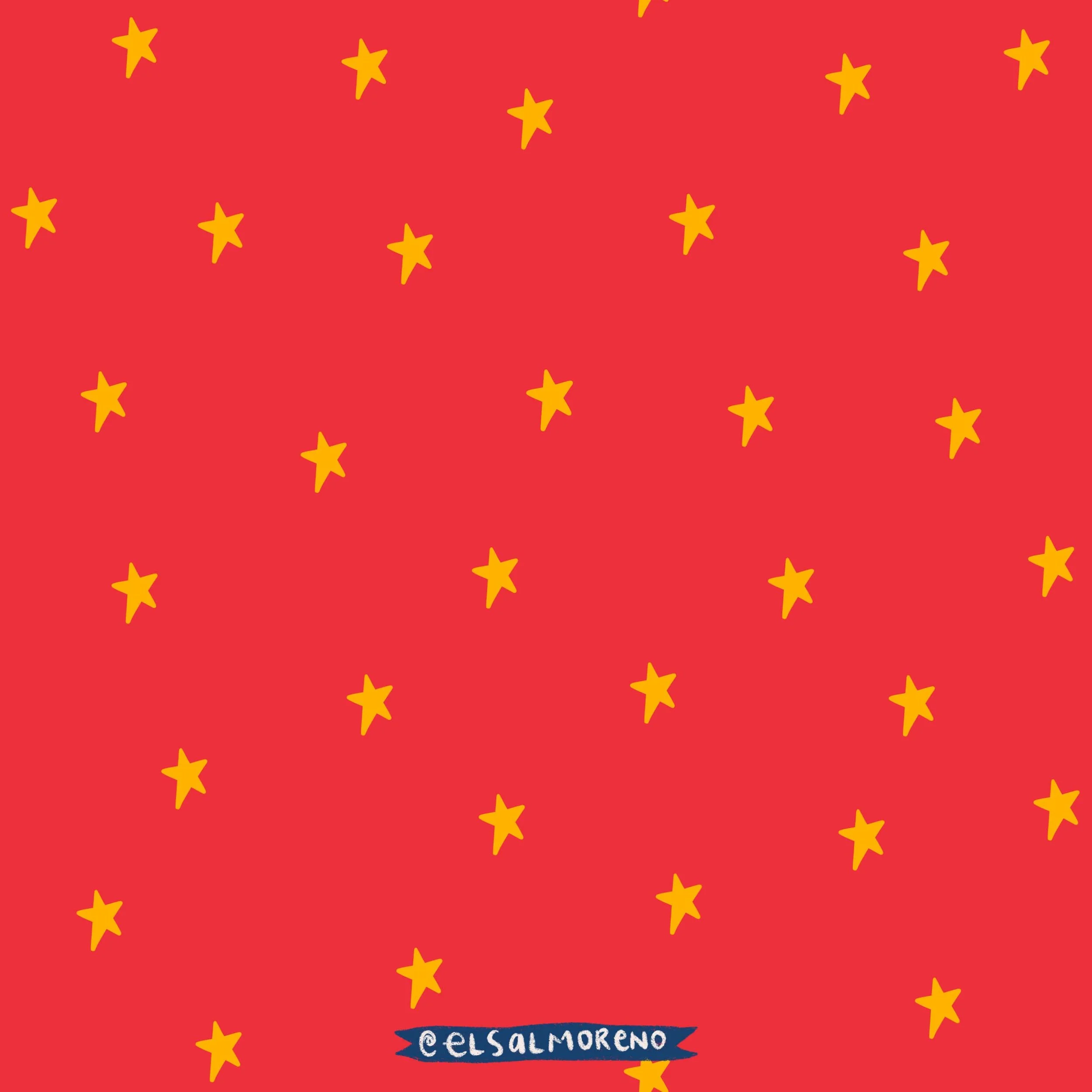 A repeating pattern of yellow stars over a red background with the signature @elsalmoreno at the bottom center