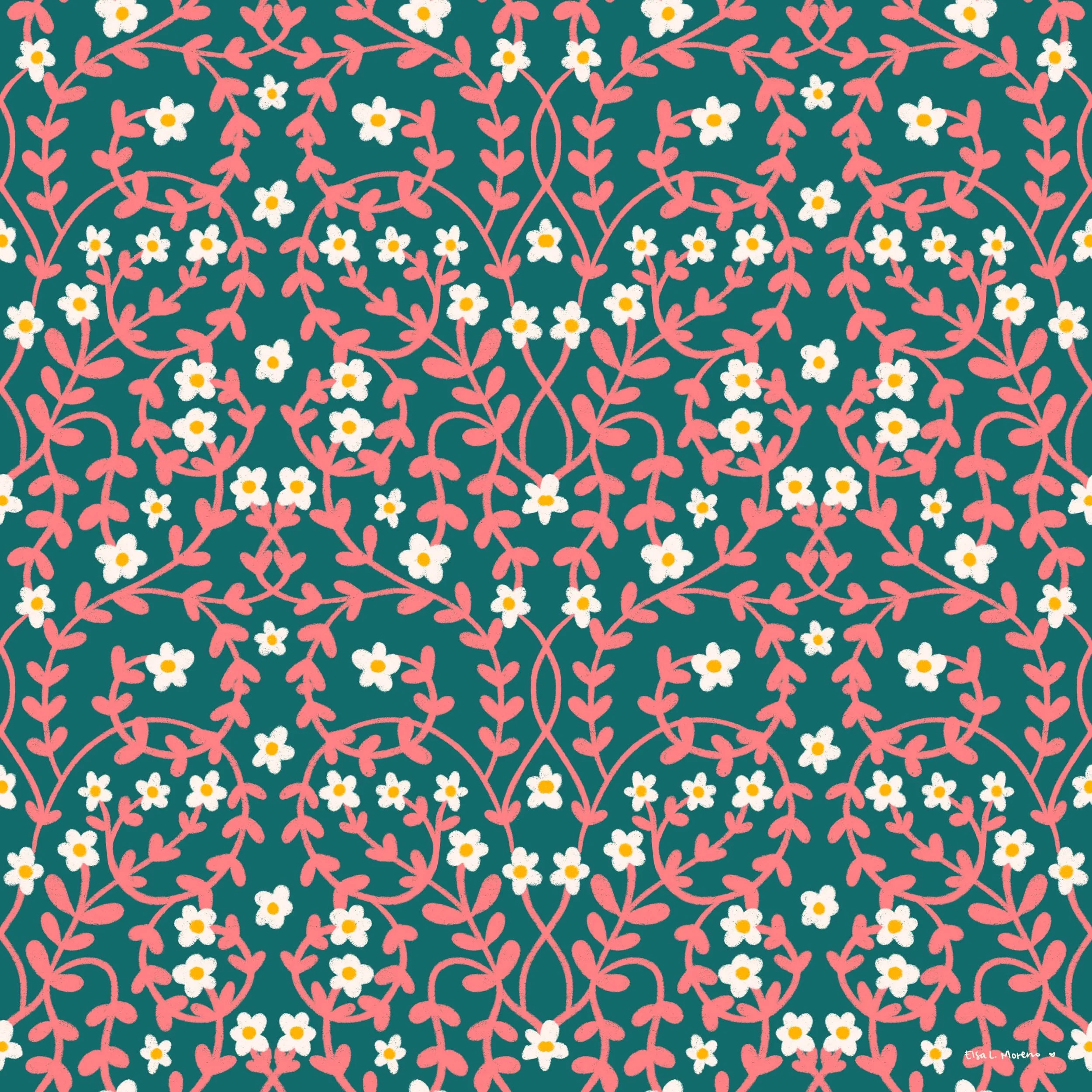 A floral repeating pattern with coral vines and white flowers over a green background