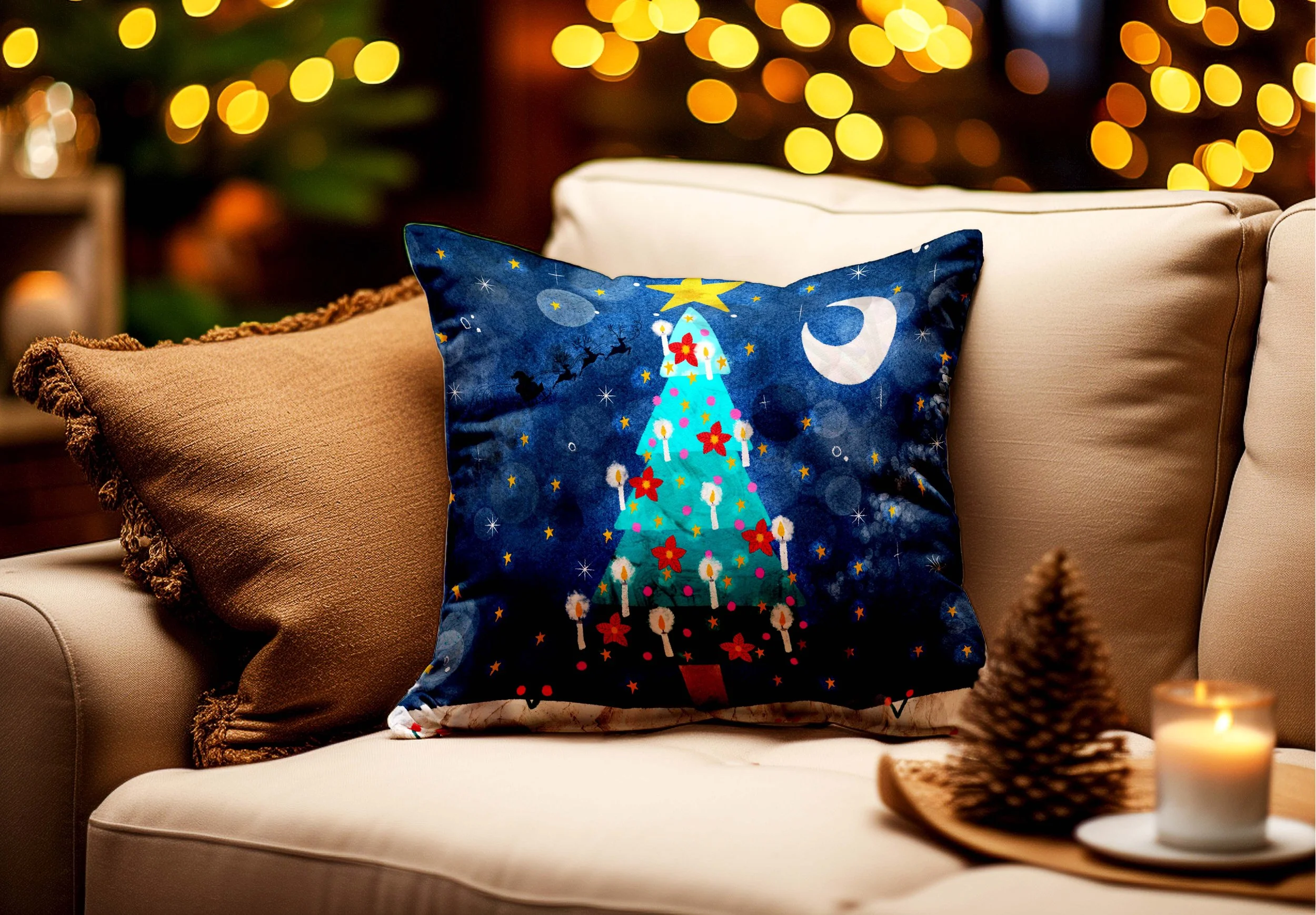 A cozy Christmas scene with a couch featuring a decorative pillow with a glowy Christmas tree illustration. There are some out-of-focus lights in the background and a tray with a candle and a mini Chrismtas tree on top of the couch.