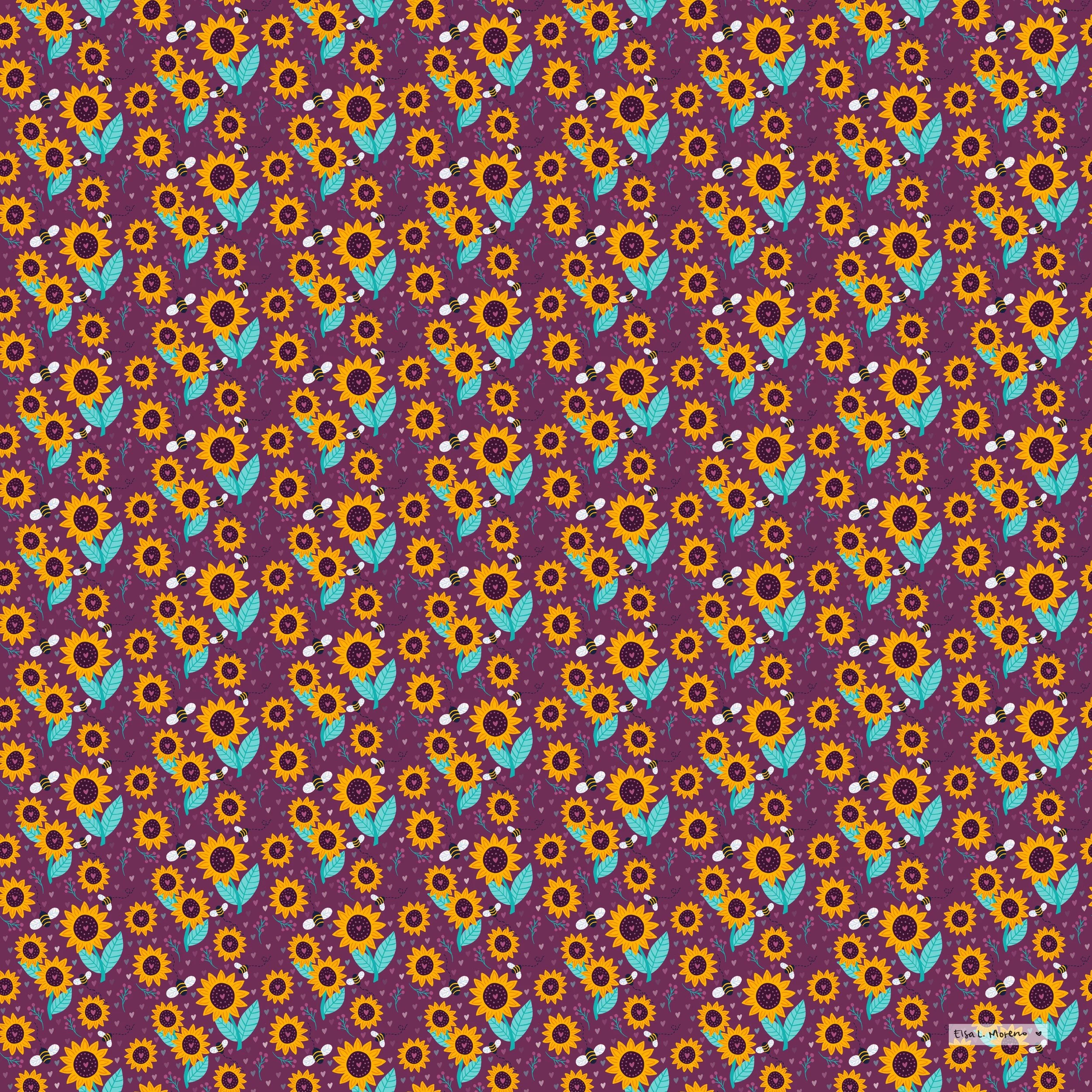 A repeating pattern with a sunflower motif over a burgundy background with surface pattern designer Elsa L. Moreno's signature.